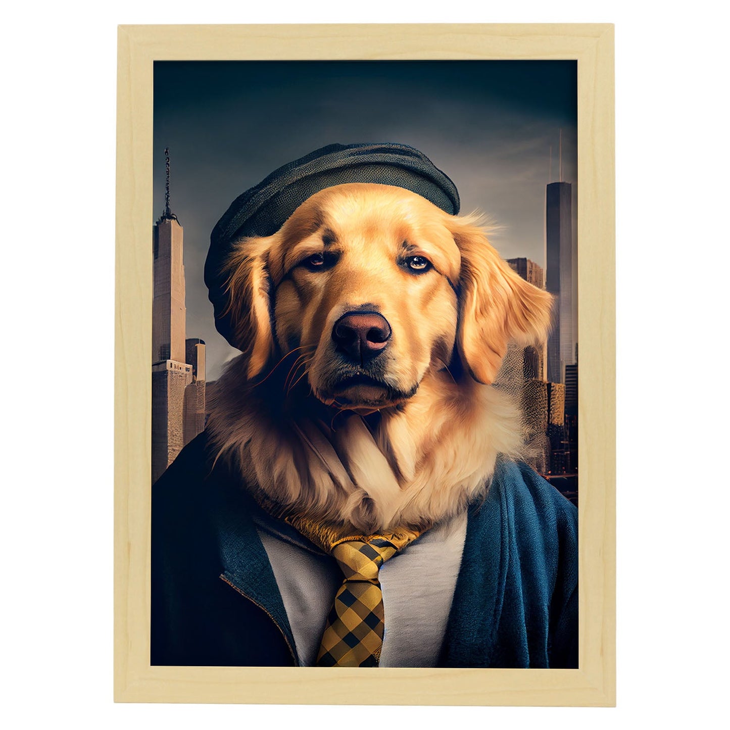 Nacnic Lámina Golden retriever Sensible en estilo Fotografía a todo color. Divertidas ilustraciones realistas de animales con ropa humana. Diseño y Decoración de Interiores.-Artwork-Nacnic-A4-Marco Madera clara-Nacnic Estudio SL