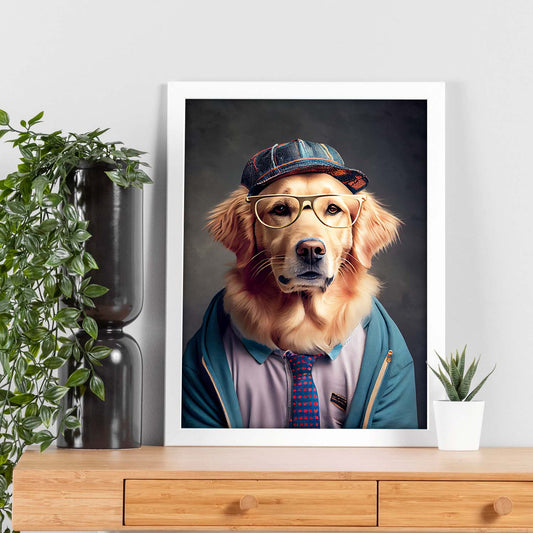 Nacnic Lámina Golden retriever Sociable en estilo Fotografía a todo color. Divertidas ilustraciones realistas de animales con ropa humana. Diseño y Decoración de Interiores.-Artwork-Nacnic-Nacnic Estudio SL