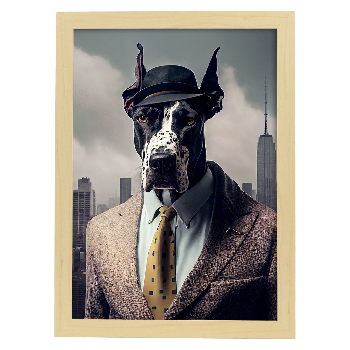 Nacnic Lámina Gran danés Intelectual en estilo Fotografía a todo color. Divertidas ilustraciones realistas de animales con ropa humana. Diseño y Decoración de Interiores.-Artwork-Nacnic-A4-Marco Madera clara-Nacnic Estudio SL