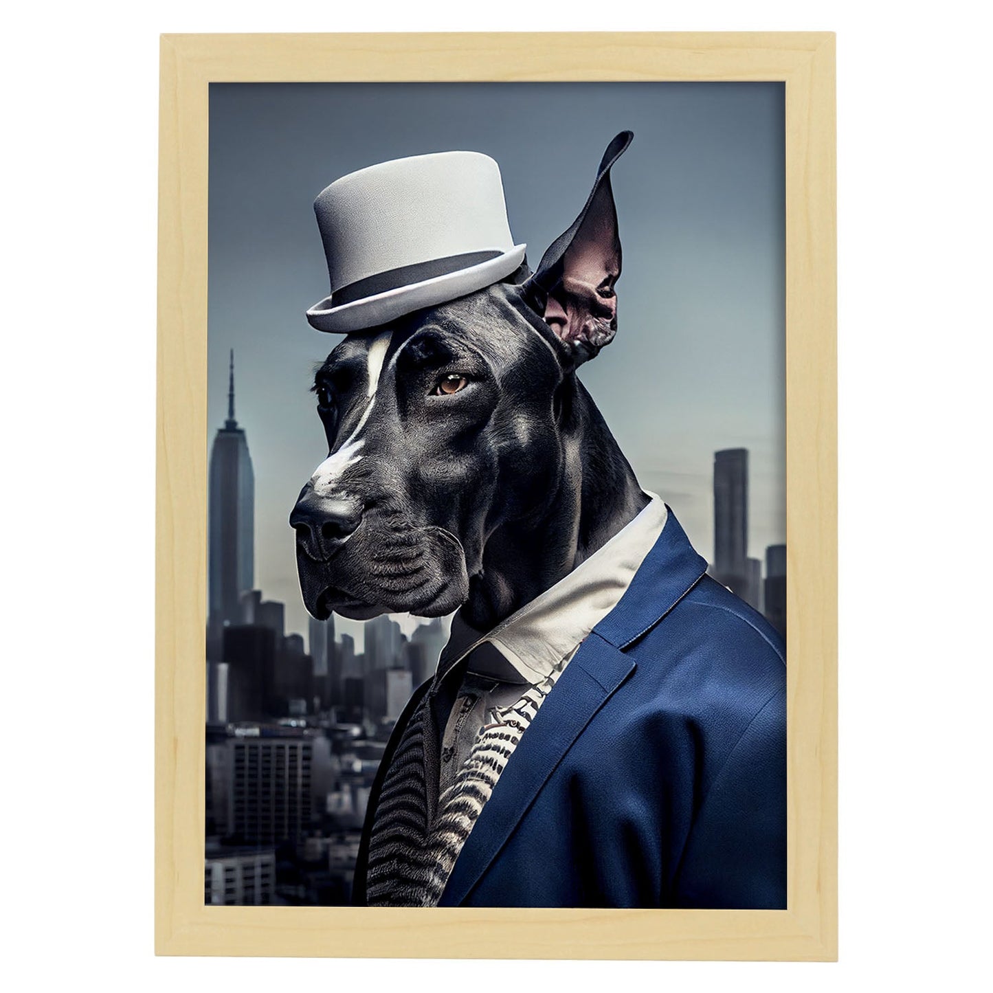 Nacnic Lámina Gran danés Responsable en estilo Fotografía a todo color. Divertidas ilustraciones realistas de animales con ropa humana. Diseño y Decoración de Interiores.-Artwork-Nacnic-A4-Marco Madera clara-Nacnic Estudio SL