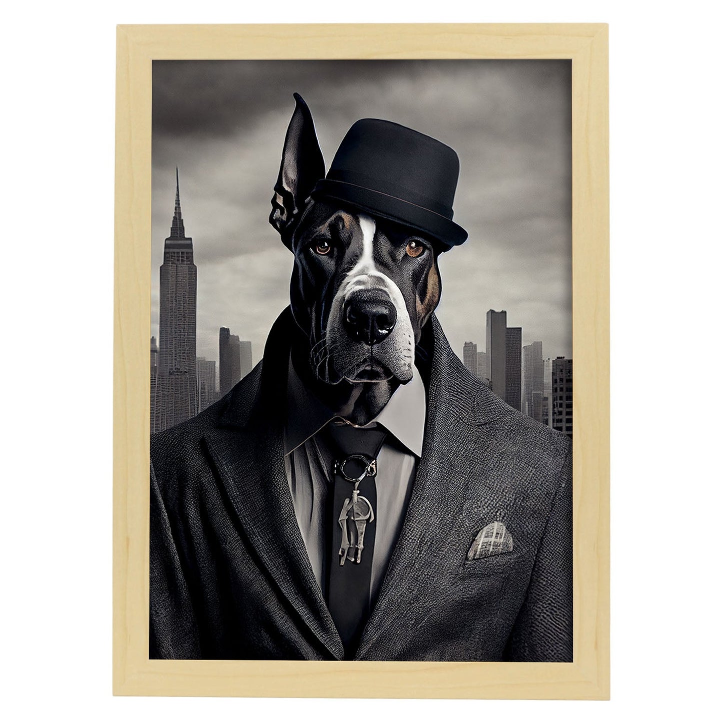 Nacnic Lámina Gran danés Valiente en estilo Fotografía a todo color. Divertidas ilustraciones realistas de animales con ropa humana. Diseño y Decoración de Interiores.-Artwork-Nacnic-A4-Marco Madera clara-Nacnic Estudio SL