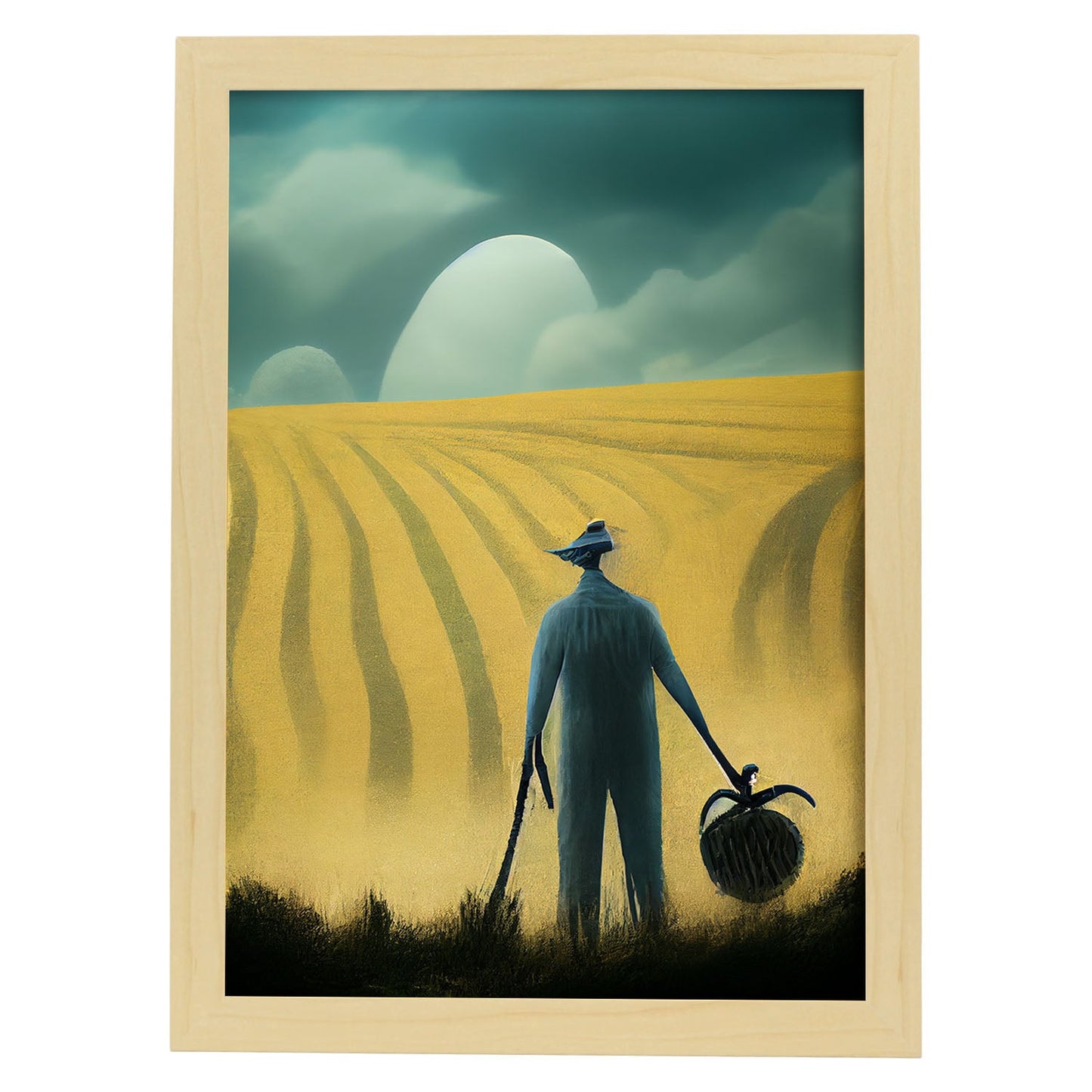 Nacnic Lámina Granjero Amistoso al estilo de T. Burton. Ilustraciones de profesiones y oficios inspiradas en arte gótico y oscuro. Diseño y Decoración de Interiores.-Artwork-Nacnic-A3-Marco Madera clara-Nacnic Estudio SL