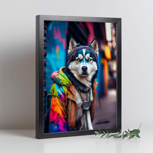 Nacnic Lámina Husky siberiano colorido Optimista en estilo Fotografía a todo color. Divertidas ilustraciones realistas de animales con ropa humana. Diseño y Decoración de Interiores.-Artwork-Nacnic-Nacnic Estudio SL