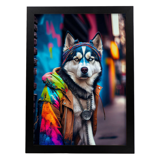 Nacnic Lámina Husky siberiano colorido Optimista en estilo Fotografía a todo color. Divertidas ilustraciones realistas de animales con ropa humana. Diseño y Decoración de Interiores.-Artwork-Nacnic-A4-Sin marco-Nacnic Estudio SL