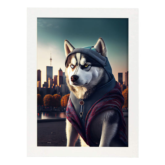Nacnic Lámina Husky siberiano Intelectual en estilo Fotografía a todo color. Divertidas ilustraciones realistas de animales con ropa humana. Diseño y Decoración de Interiores.-Artwork-Nacnic-A4-Marco Blanco-Nacnic Estudio SL