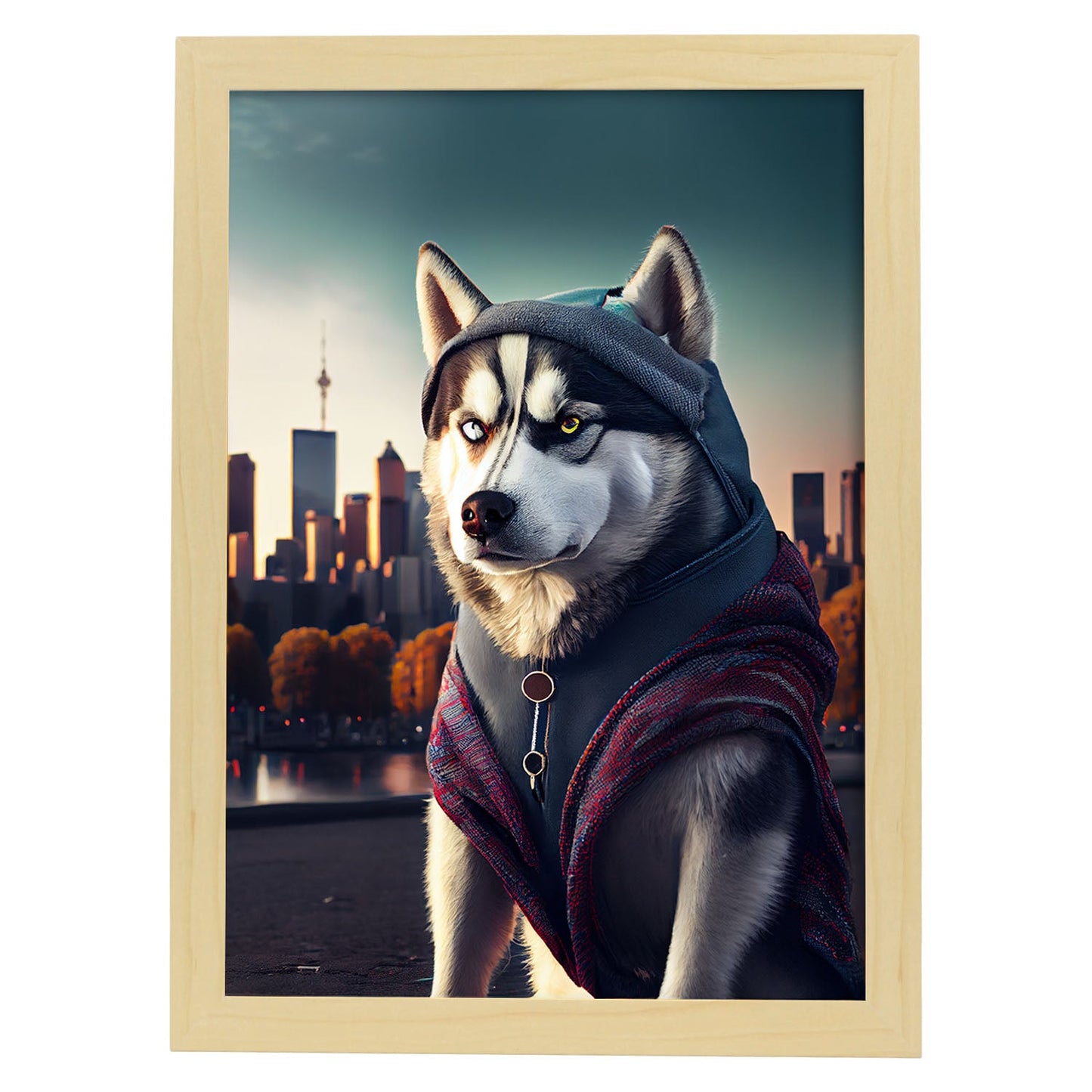 Nacnic Lámina Husky siberiano Intelectual en estilo Fotografía a todo color. Divertidas ilustraciones realistas de animales con ropa humana. Diseño y Decoración de Interiores.-Artwork-Nacnic-A4-Marco Madera clara-Nacnic Estudio SL
