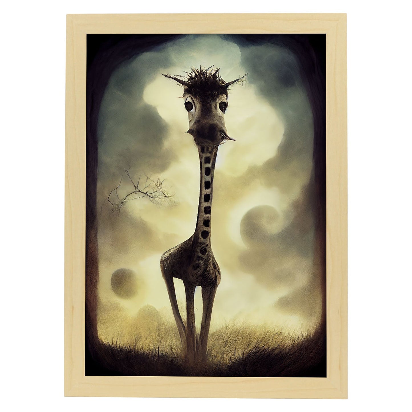 Nacnic Lámina Jirafa Humilde estilo T. Burton. Ilustraciones y pósters de animales inspirados en el arte gótico y oscuro de Burton. Diseño y Decoración de Interiores.-Artwork-Nacnic-A4-Marco Madera clara-Nacnic Estudio SL