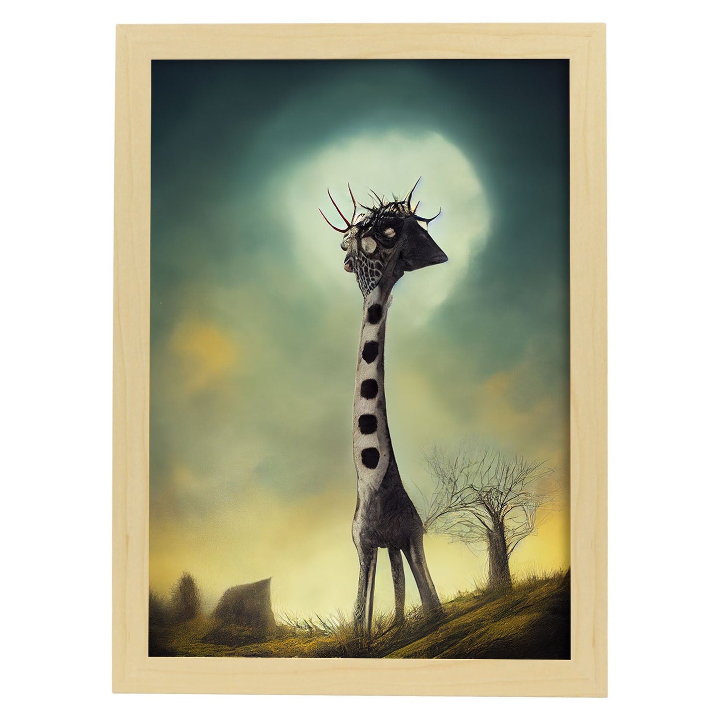 Nacnic Lámina Jirafa Intelectual estilo T. Burton. Ilustraciones y pósters de animales inspirados en el arte gótico y oscuro de Burton. Diseño y Decoración de Interiores.-Artwork-Nacnic-A4-Marco Madera clara-Nacnic Estudio SL