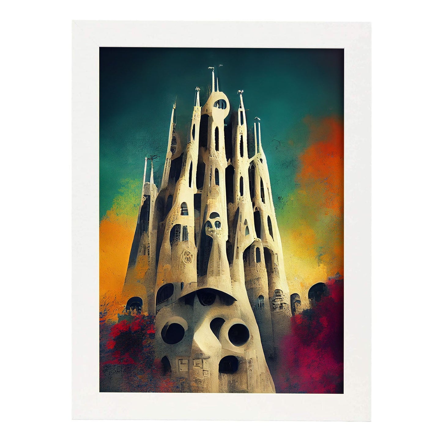 Nacnic Lámina La Sagrada Familia Sensible al estilo de T. Burton. Ilustraciones de monumentos, ciudades, paises inspiradas en arte gótico y oscuro. Diseño y Decoración de Interiores.-Artwork-Nacnic-A4-Marco Blanco-Nacnic Estudio SL