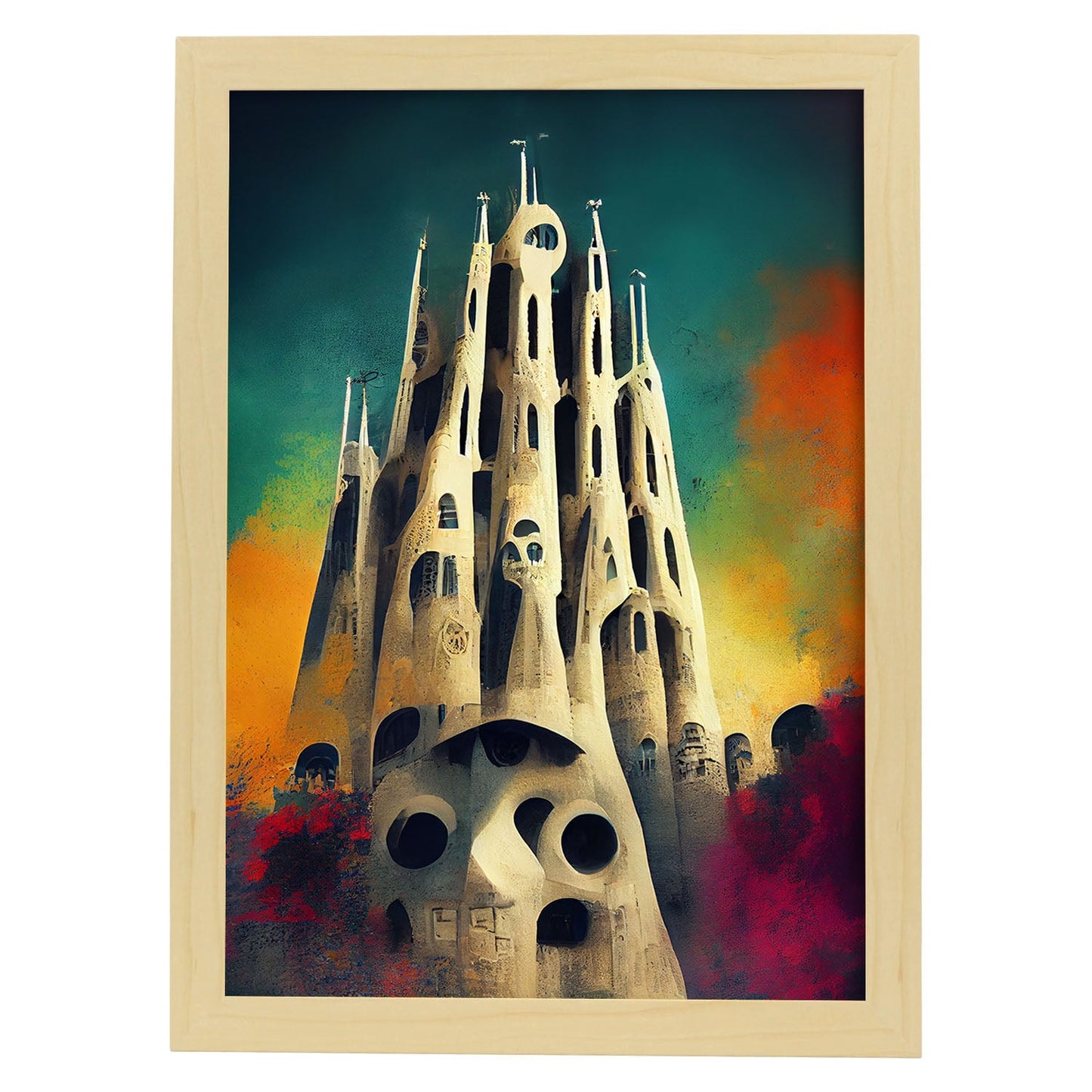Nacnic Lámina La Sagrada Familia Sensible al estilo de T. Burton. Ilustraciones de monumentos, ciudades, paises inspiradas en arte gótico y oscuro. Diseño y Decoración de Interiores.-Artwork-Nacnic-A4-Marco Madera clara-Nacnic Estudio SL