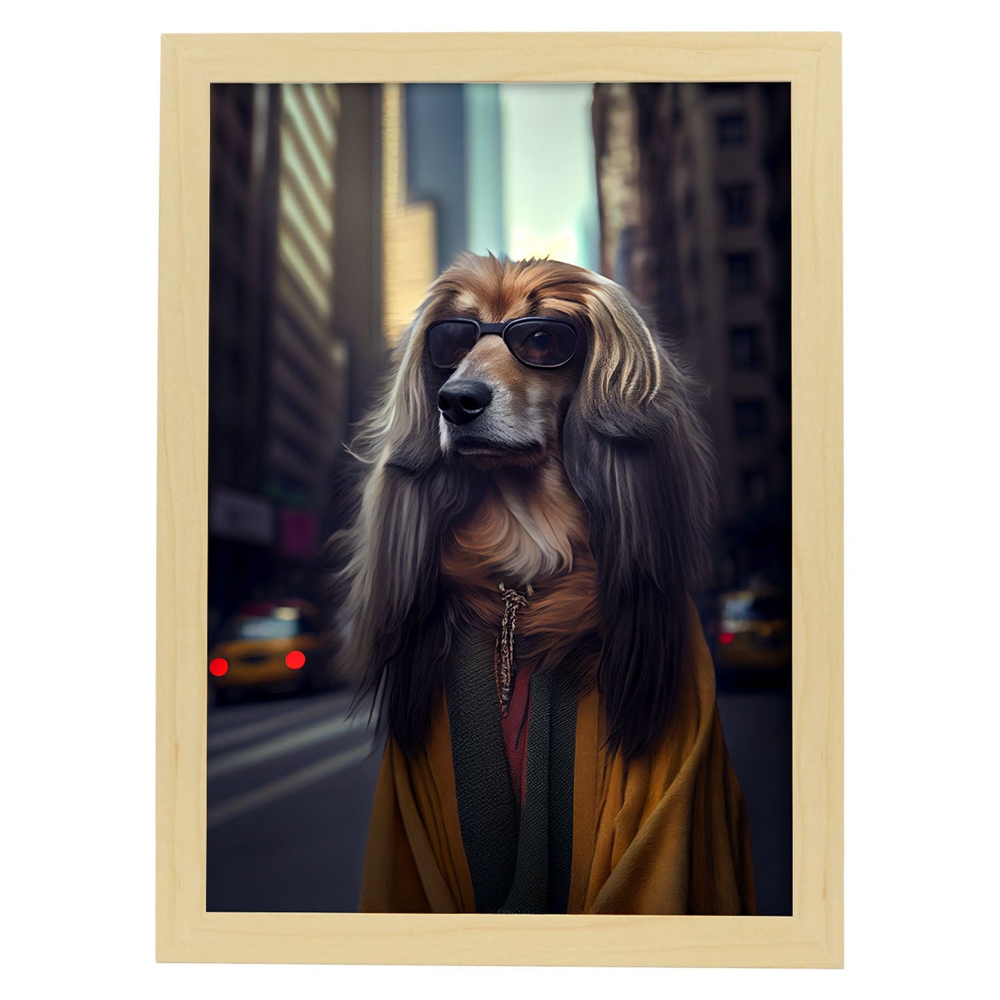 Nacnic Lámina Lebrel afgano Responsable en estilo Fotografía a todo color. Divertidas ilustraciones realistas de animales con ropa humana. Diseño y Decoración de Interiores.-Artwork-Nacnic-A4-Marco Madera clara-Nacnic Estudio SL