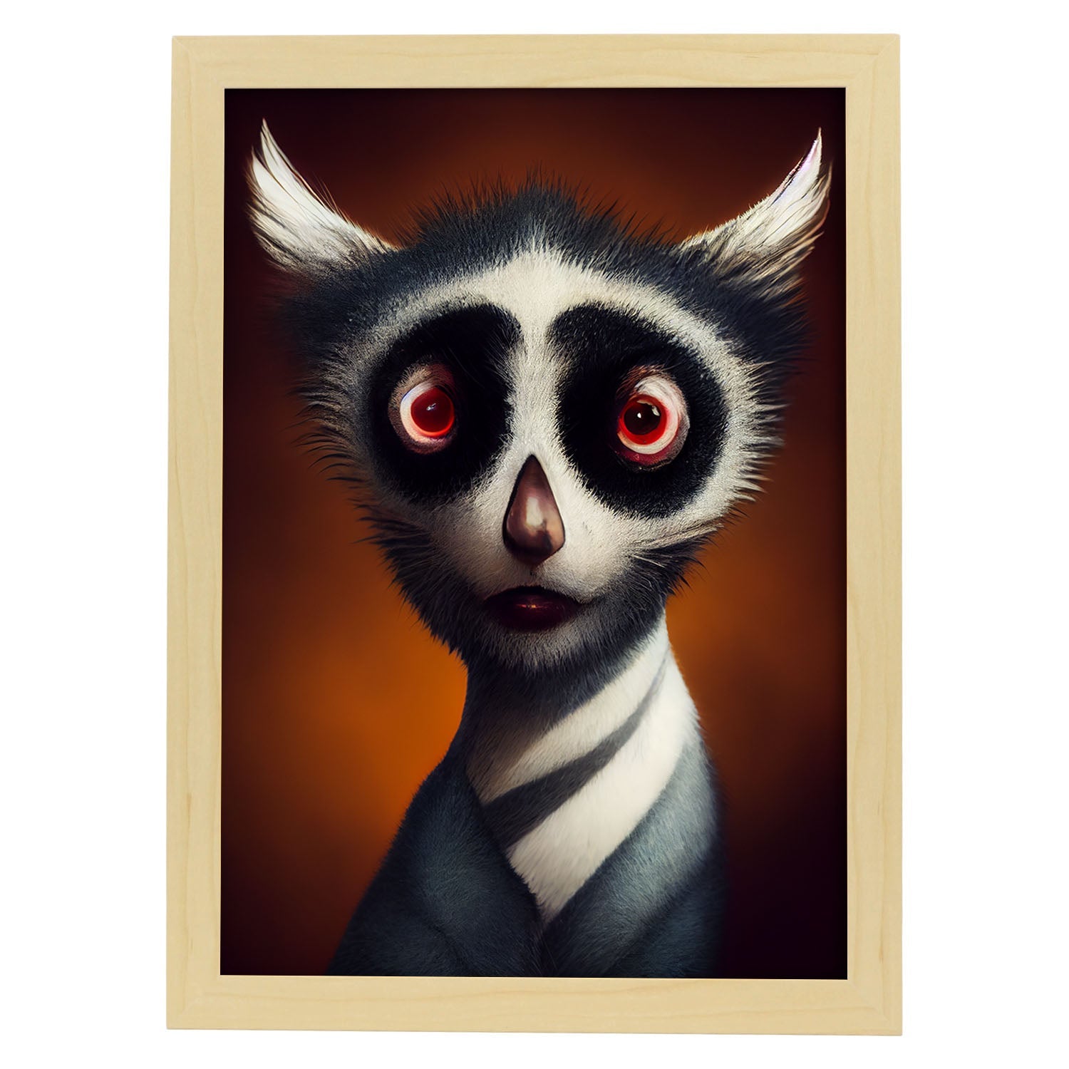 Nacnic Lámina Lemur Decidido estilo T. Burton. Ilustraciones y pósters de animales inspirados en el arte gótico y oscuro de Burton. Diseño y Decoración de Interiores.-Artwork-Nacnic-A4-Marco Madera clara-Nacnic Estudio SL