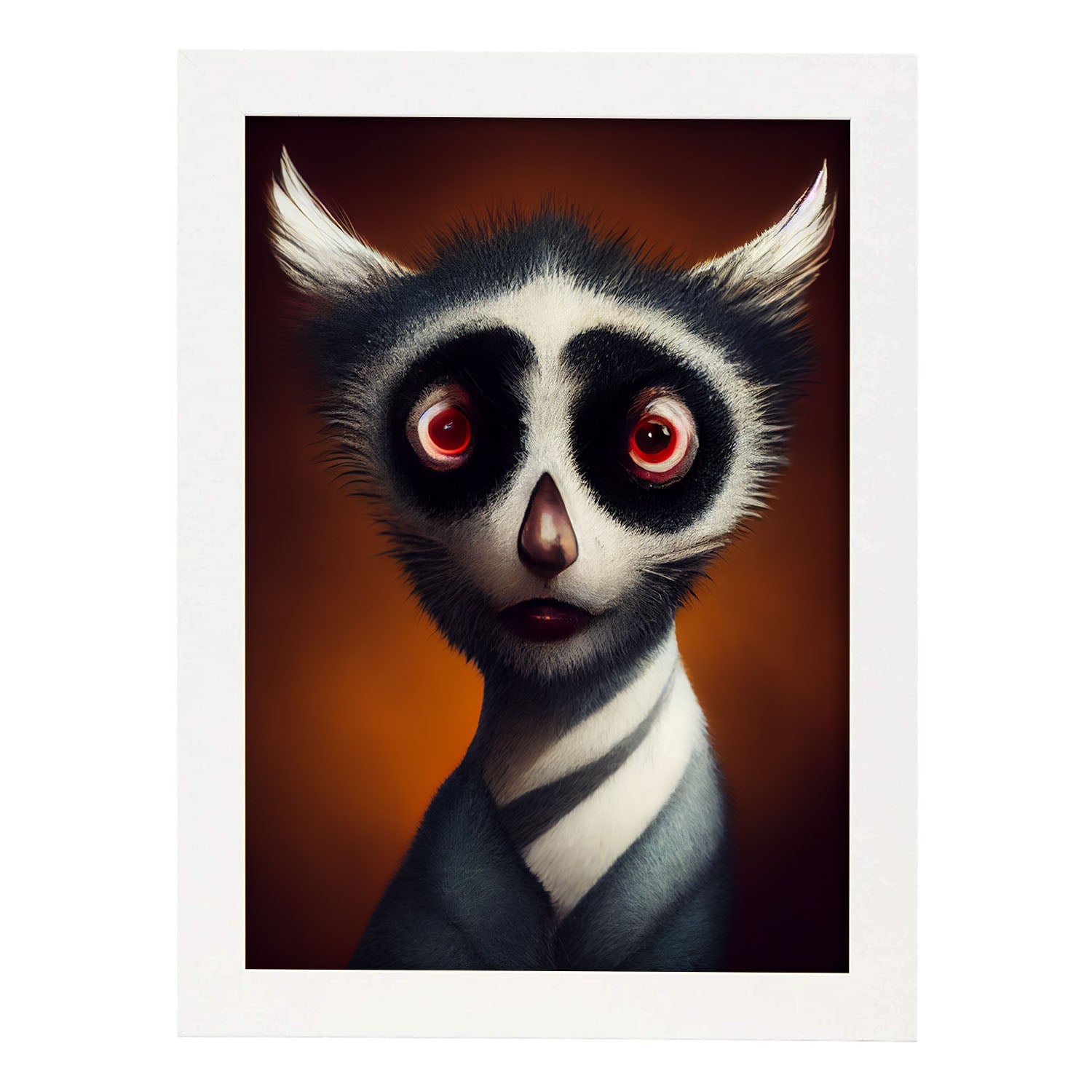 Nacnic Lámina Lemur Decidido estilo T. Burton. Ilustraciones y pósters de animales inspirados en el arte gótico y oscuro de Burton. Diseño y Decoración de Interiores.-Artwork-Nacnic-A4-Marco Blanco-Nacnic Estudio SL