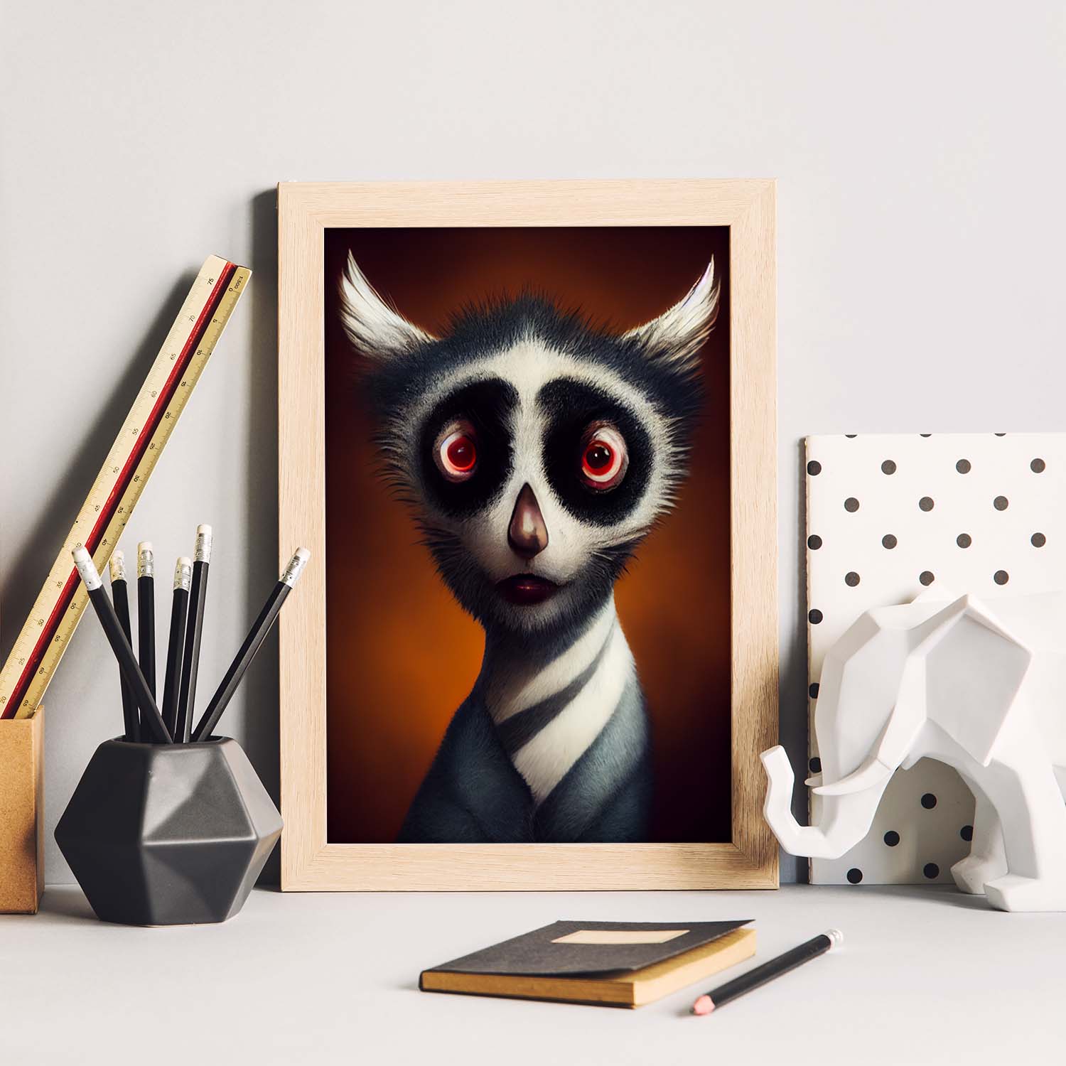 Nacnic Lámina Lemur Decidido estilo T. Burton. Ilustraciones y pósters de animales inspirados en el arte gótico y oscuro de Burton. Diseño y Decoración de Interiores.-Artwork-Nacnic-Nacnic Estudio SL