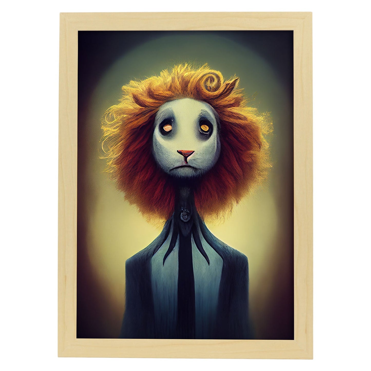 Nacnic Lámina León Sociable estilo T. Burton. Ilustraciones y pósters de animales inspirados en el arte gótico y oscuro de Burton. Diseño y Decoración de Interiores.-Artwork-Nacnic-A4-Marco Madera clara-Nacnic Estudio SL