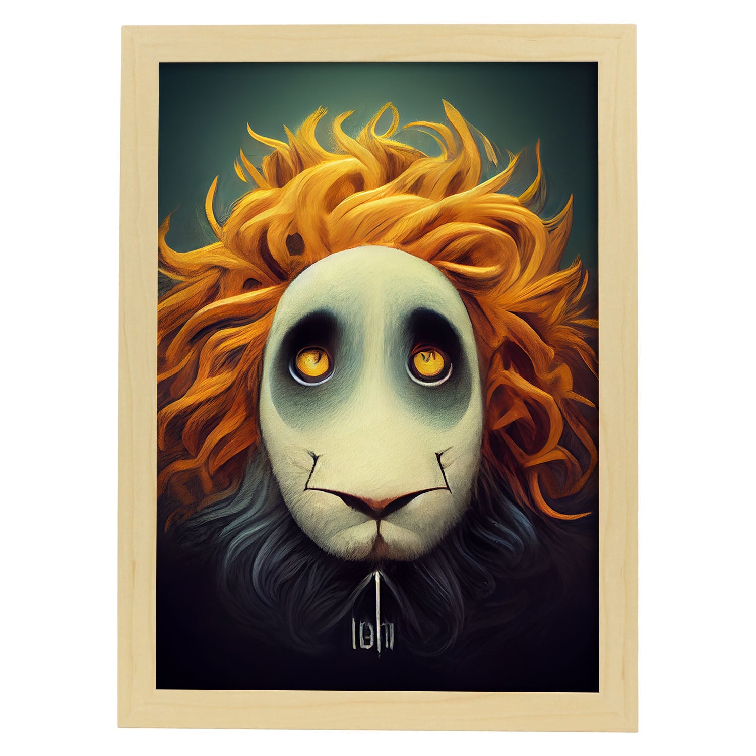 Nacnic Lámina León Tolerante estilo T. Burton. Ilustraciones y pósters de animales inspirados en el arte gótico y oscuro de Burton. Diseño y Decoración de Interiores.-Artwork-Nacnic-A4-Marco Madera clara-Nacnic Estudio SL