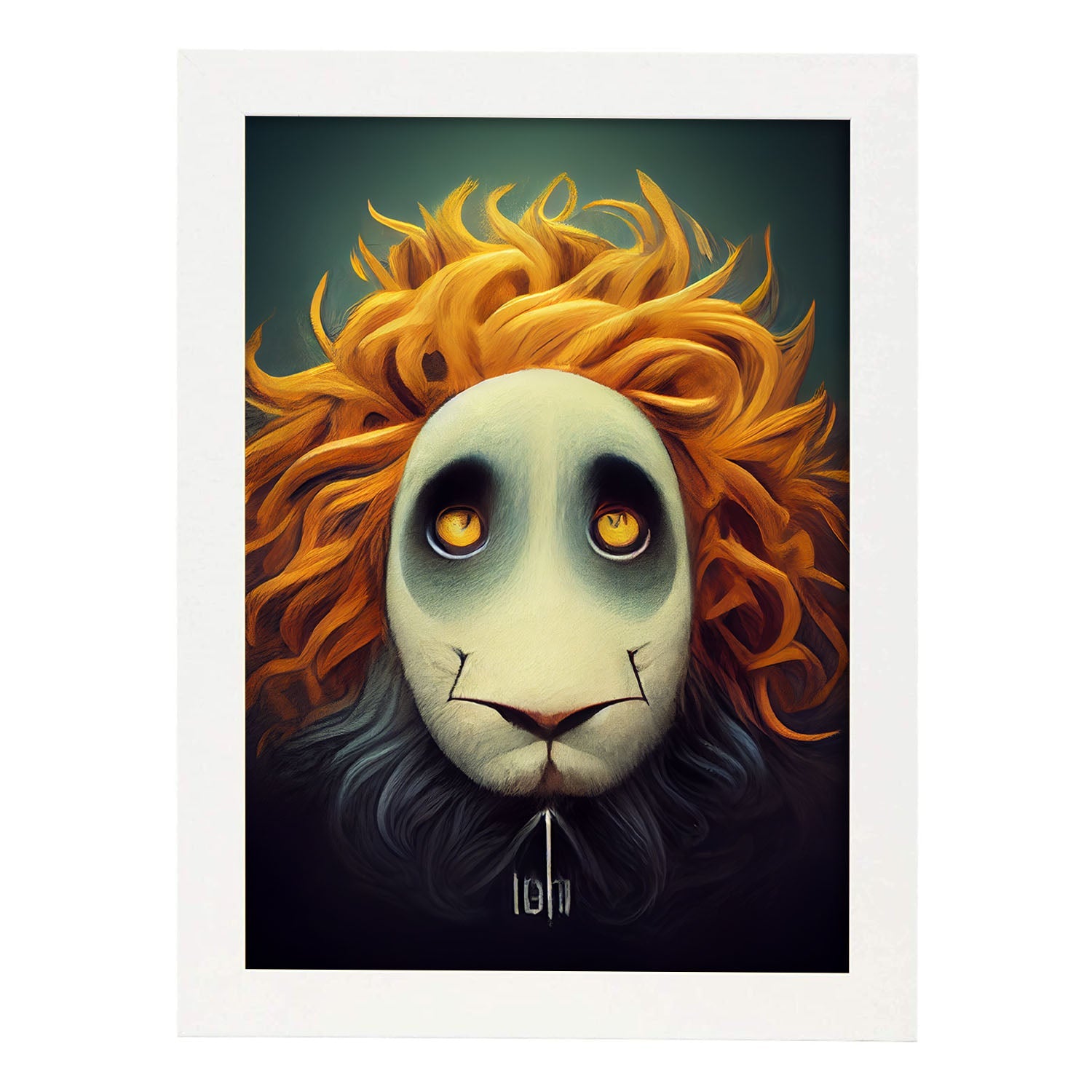 Nacnic Lámina León Tolerante estilo T. Burton. Ilustraciones y pósters de animales inspirados en el arte gótico y oscuro de Burton. Diseño y Decoración de Interiores.-Artwork-Nacnic-A4-Marco Blanco-Nacnic Estudio SL