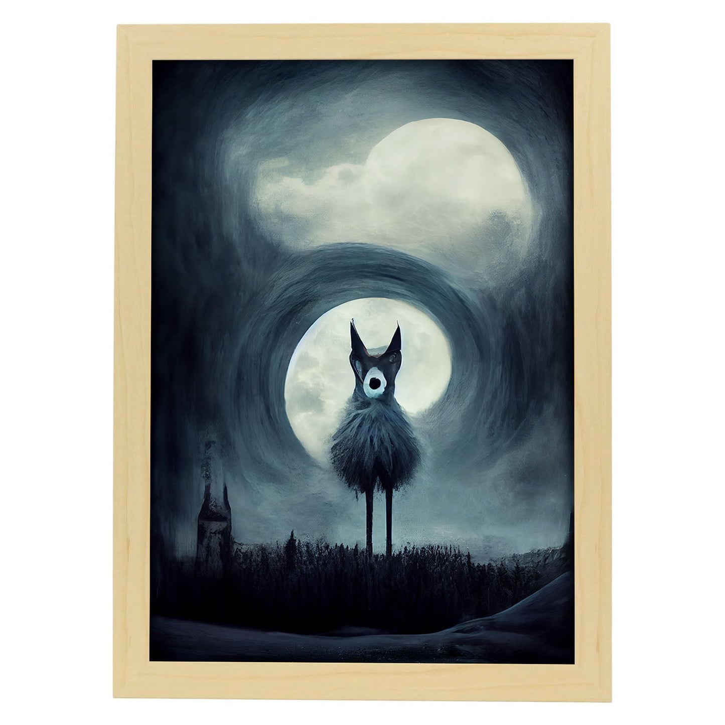 Nacnic Lámina Lobo Empático estilo T. Burton. Ilustraciones y pósters de animales inspirados en el arte gótico y oscuro de Burton. Diseño y Decoración de Interiores.-Artwork-Nacnic-A4-Marco Madera clara-Nacnic Estudio SL