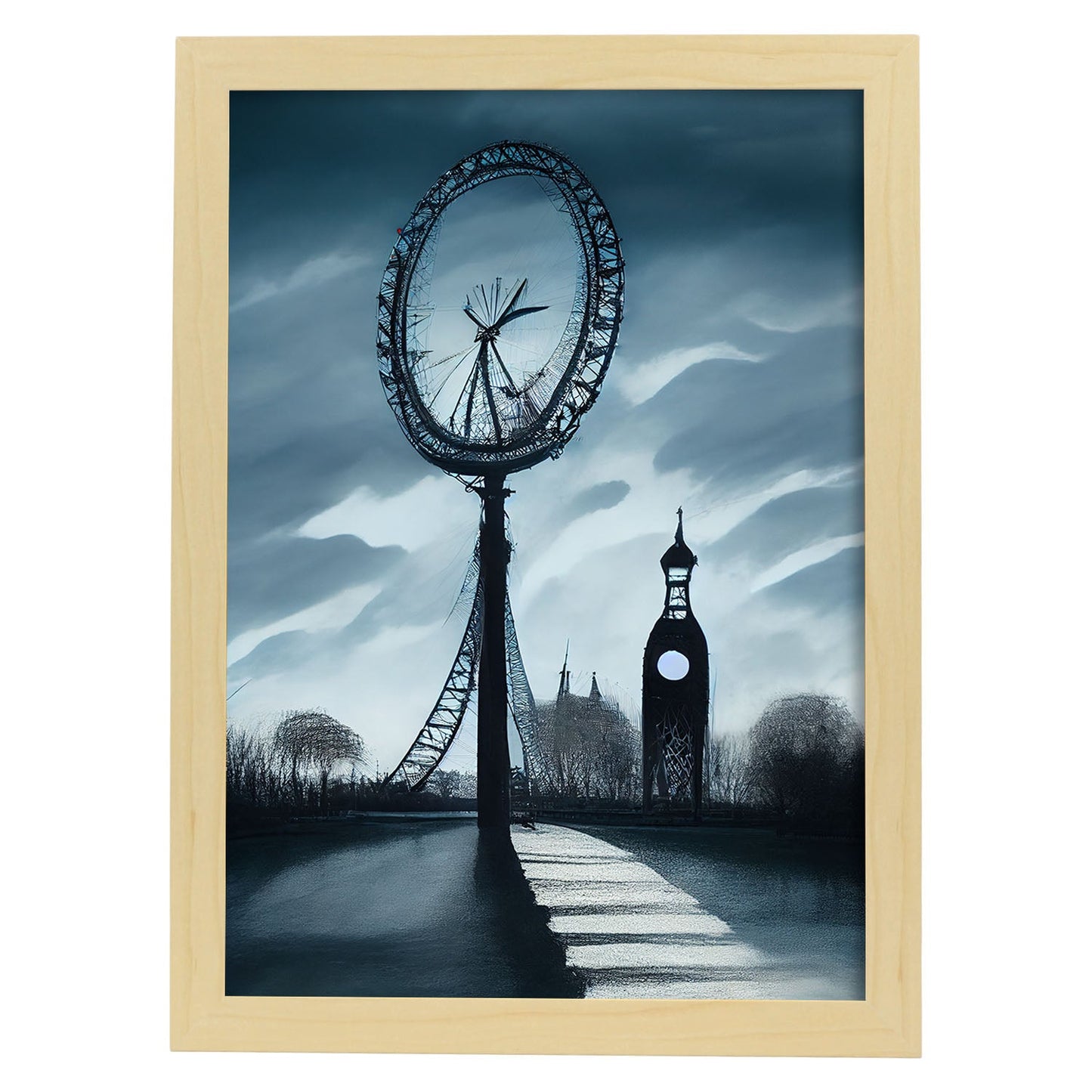 Nacnic Lámina London Eye Amistoso al estilo de T. Burton. Ilustraciones de monumentos, ciudades, paises inspiradas en arte gótico y oscuro. Diseño y Decoración de Interiores.-Artwork-Nacnic-A4-Marco Madera clara-Nacnic Estudio SL