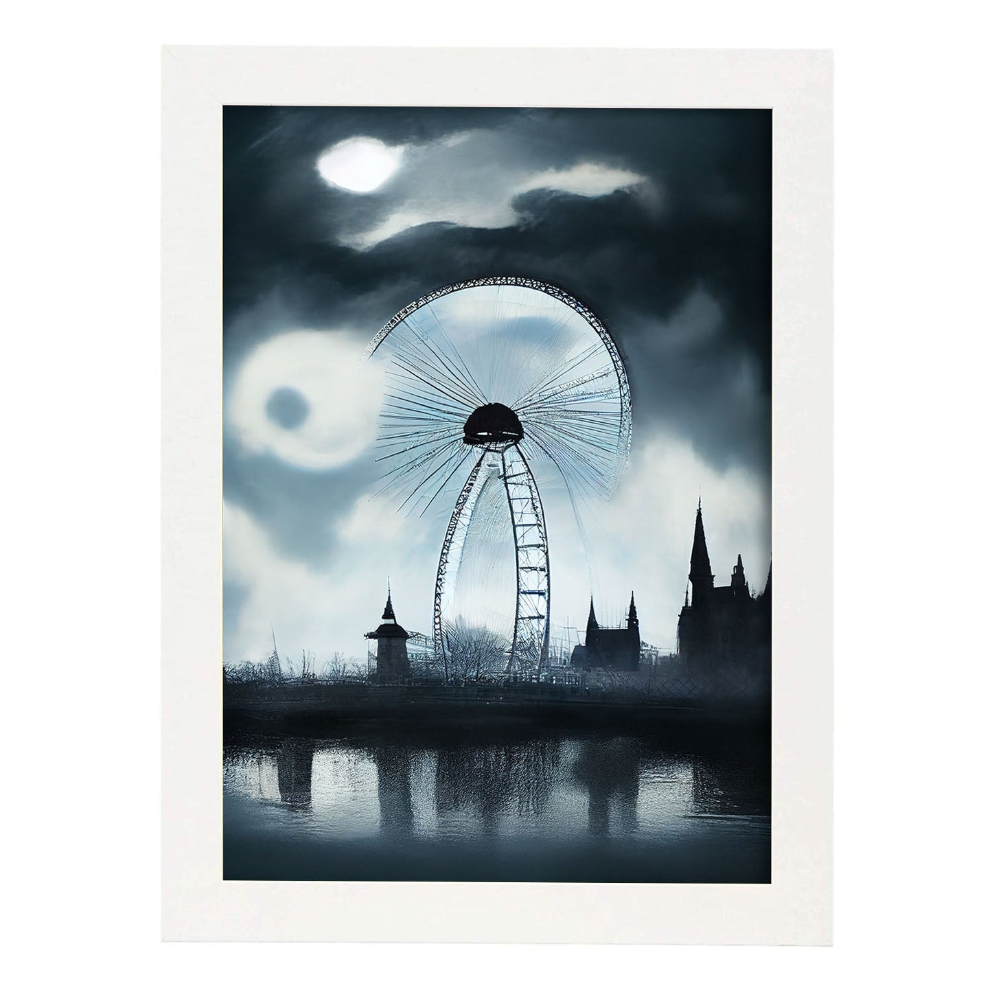 Nacnic Lámina London Eye Audaz al estilo de T. Burton. Ilustraciones de monumentos, ciudades, paises inspiradas en arte gótico y oscuro. Diseño y Decoración de Interiores.-Artwork-Nacnic-A4-Marco Blanco-Nacnic Estudio SL