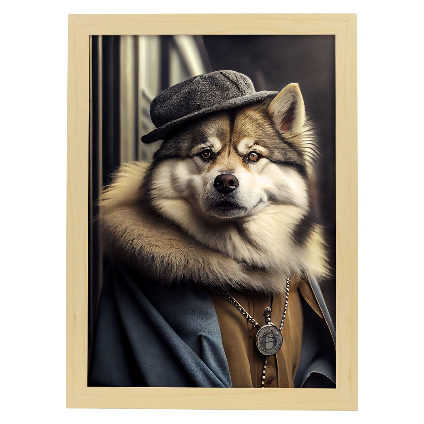 Nacnic Lámina Malamute de Alaska en estilo Fotografía a todo color. Divertidas ilustraciones realistas de animales con ropa humana. Diseño y Decoración de Interiores.-Artwork-Nacnic-A4-Marco Madera clara-Nacnic Estudio SL