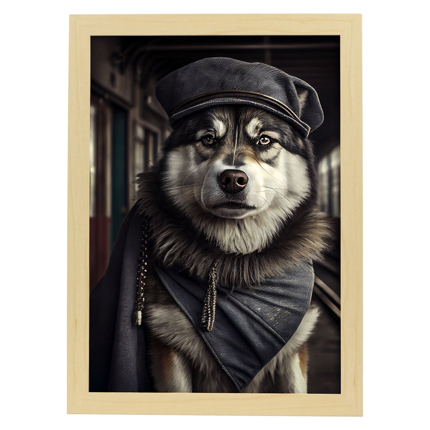 Nacnic Lámina Malamute de Alaska Responsable en estilo Fotografía a todo color. Divertidas ilustraciones realistas de animales con ropa humana. Diseño y Decoración de Interiores.-Artwork-Nacnic-A4-Marco Madera clara-Nacnic Estudio SL