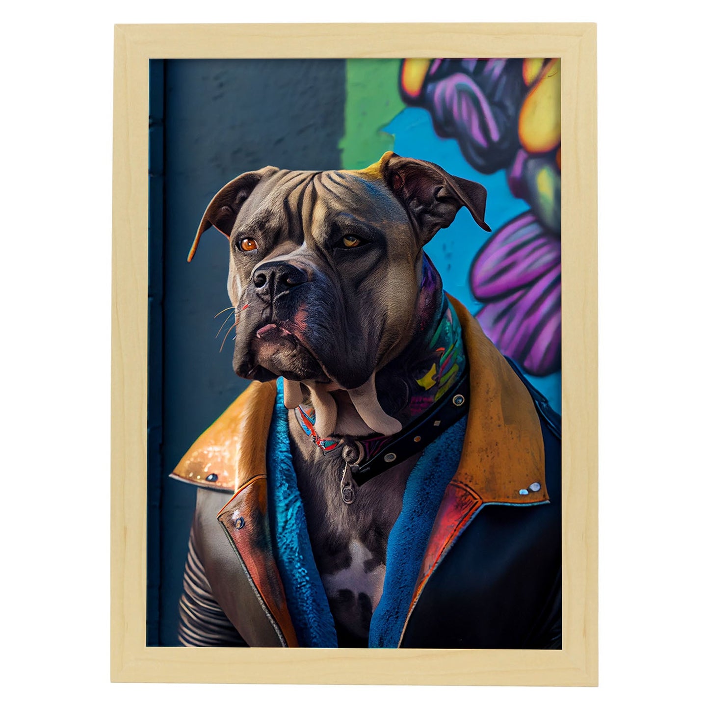 Nacnic Lámina Mastín italiano Optimista en estilo Fotografía a todo color. Divertidas ilustraciones realistas de animales con ropa humana. Diseño y Decoración de Interiores.-Artwork-Nacnic-A4-Marco Madera clara-Nacnic Estudio SL