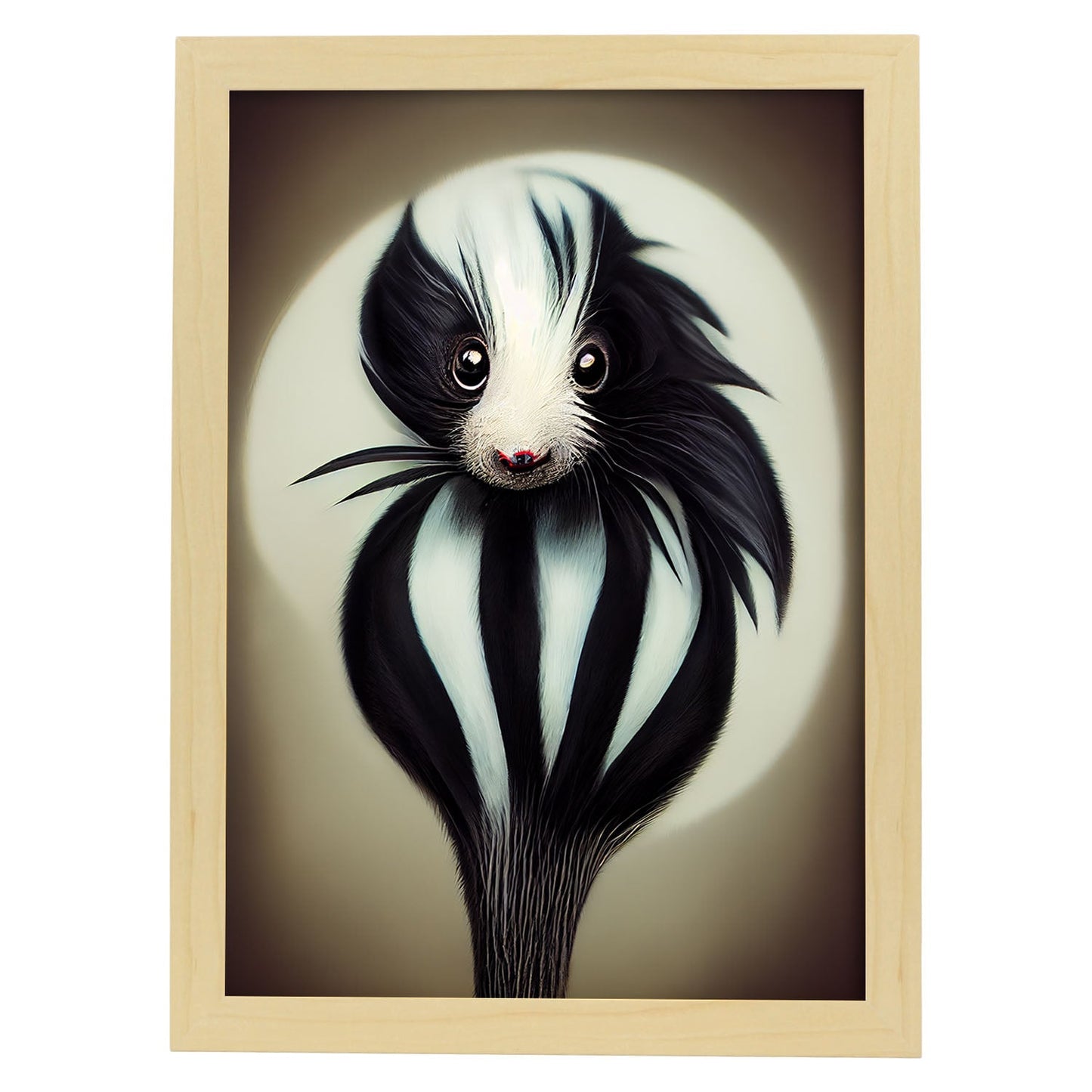 Nacnic Lámina Mofeta Decidido estilo T. Burton. Ilustraciones y pósters de animales inspirados en el arte gótico y oscuro de Burton. Diseño y Decoración de Interiores.-Artwork-Nacnic-A4-Marco Madera clara-Nacnic Estudio SL