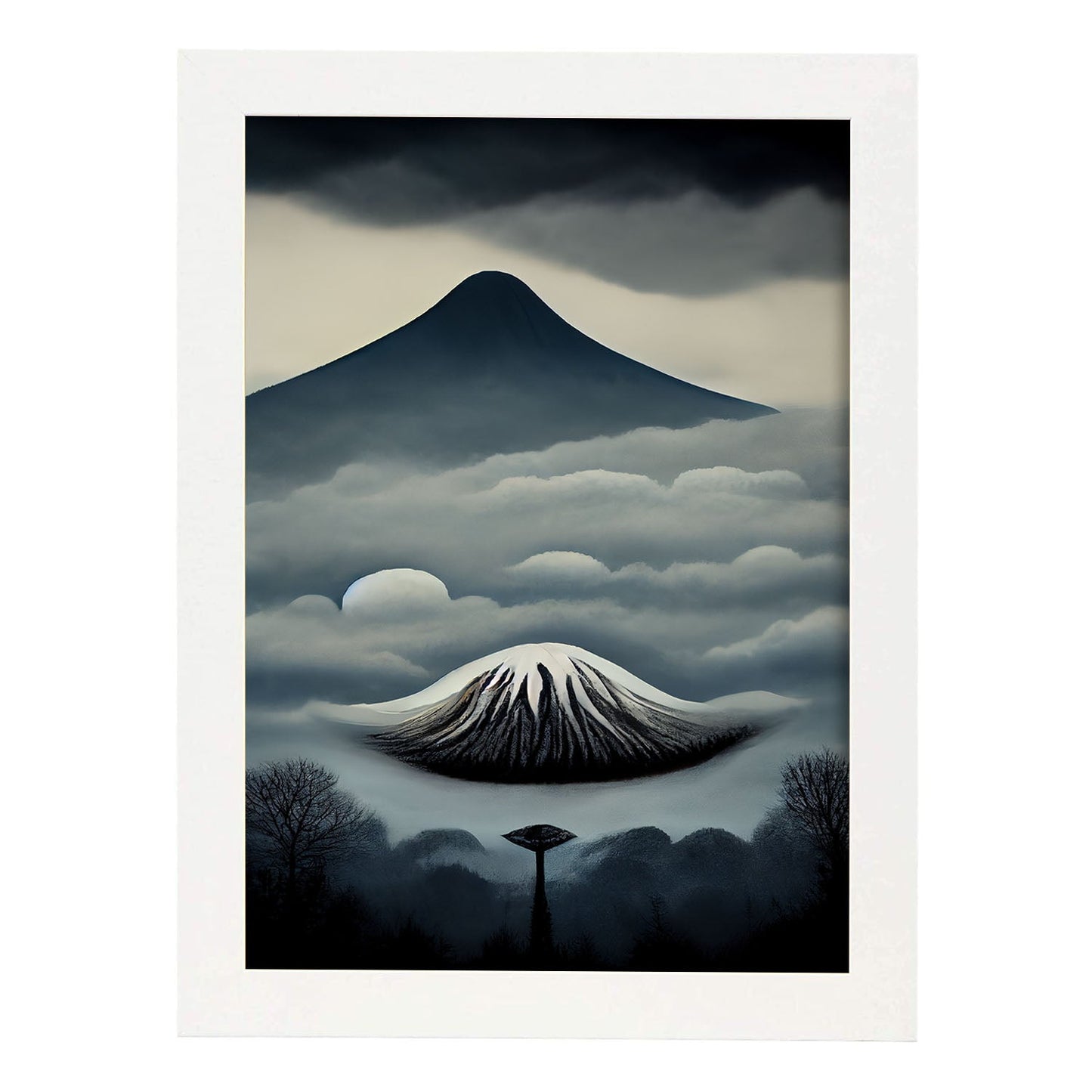 Nacnic Lámina Monte Fuji Intelectual al estilo de T. Burton. Ilustraciones de monumentos, ciudades, paises inspiradas en arte gótico y oscuro. Diseño y Decoración de Interiores.-Artwork-Nacnic-A4-Marco Blanco-Nacnic Estudio SL