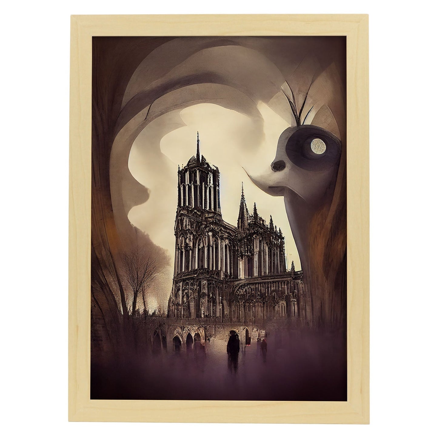 Nacnic Lámina Notre Dame Sensible al estilo de T. Burton. Ilustraciones de monumentos, ciudades, paises inspiradas en arte gótico y oscuro. Diseño y Decoración de Interiores.-Artwork-Nacnic-A4-Marco Madera clara-Nacnic Estudio SL