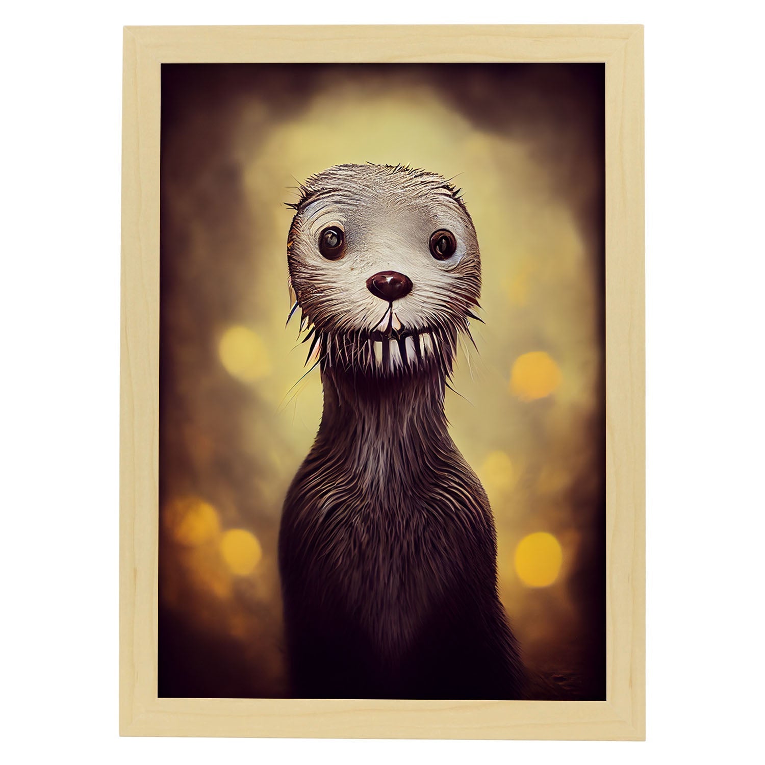 Nacnic Lámina Nutria Optimista estilo T. Burton. Ilustraciones y pósters de animales inspirados en el arte gótico y oscuro de Burton. Diseño y Decoración de Interiores.-Artwork-Nacnic-A4-Marco Madera clara-Nacnic Estudio SL
