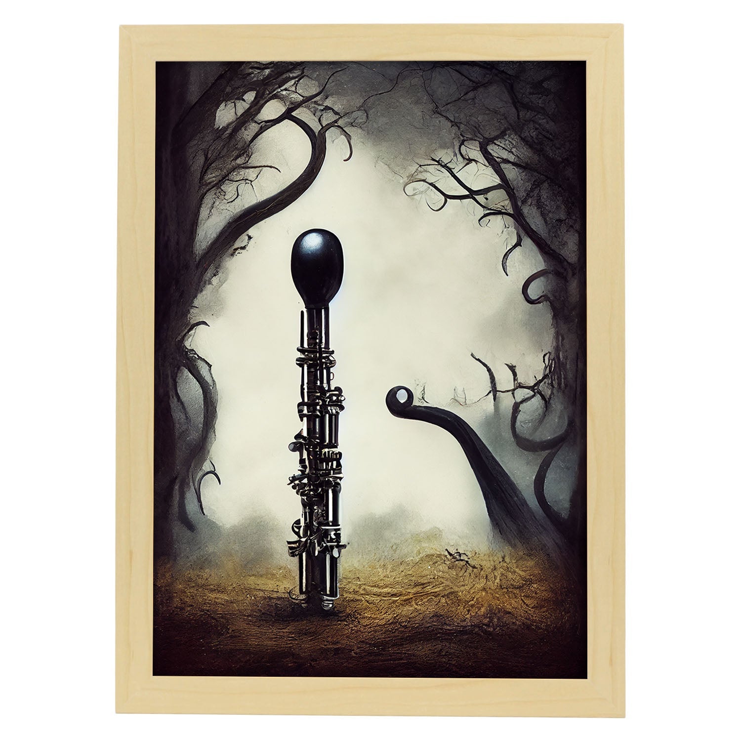 Nacnic Lámina Oboe Sociable al estilo de T. Burton. Ilustraciones de escenas y lugares inspiradas en arte gótico y oscuro. Diseño y Decoración de Interiores.-Artwork-Nacnic-A4-Marco Madera clara-Nacnic Estudio SL