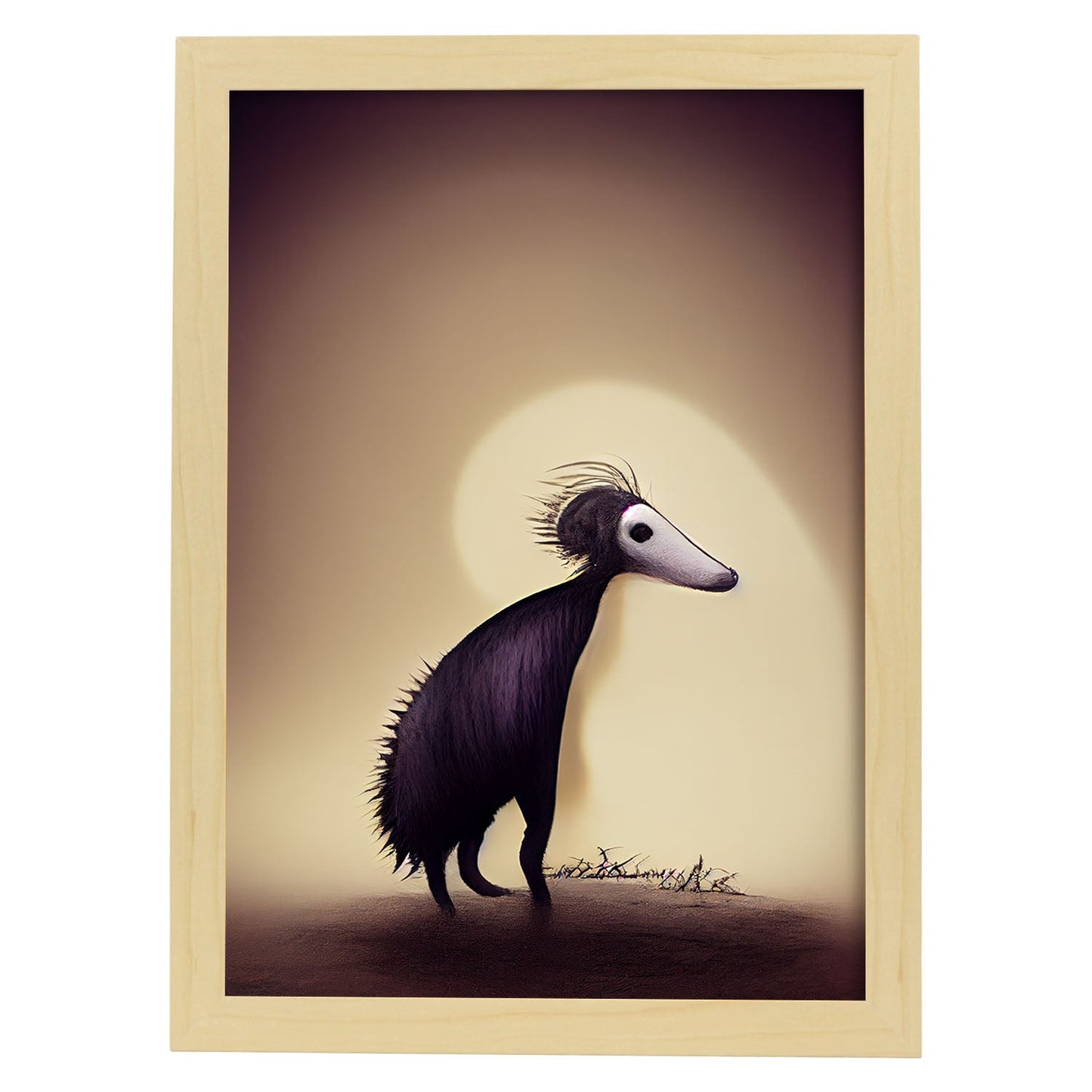 Nacnic Lámina Oso hormiguero Humilde estilo T. Burton. Ilustraciones y pósters de animales inspirados en el arte gótico y oscuro de Burton. Diseño y Decoración de Interiores.-Artwork-Nacnic-A4-Marco Madera clara-Nacnic Estudio SL