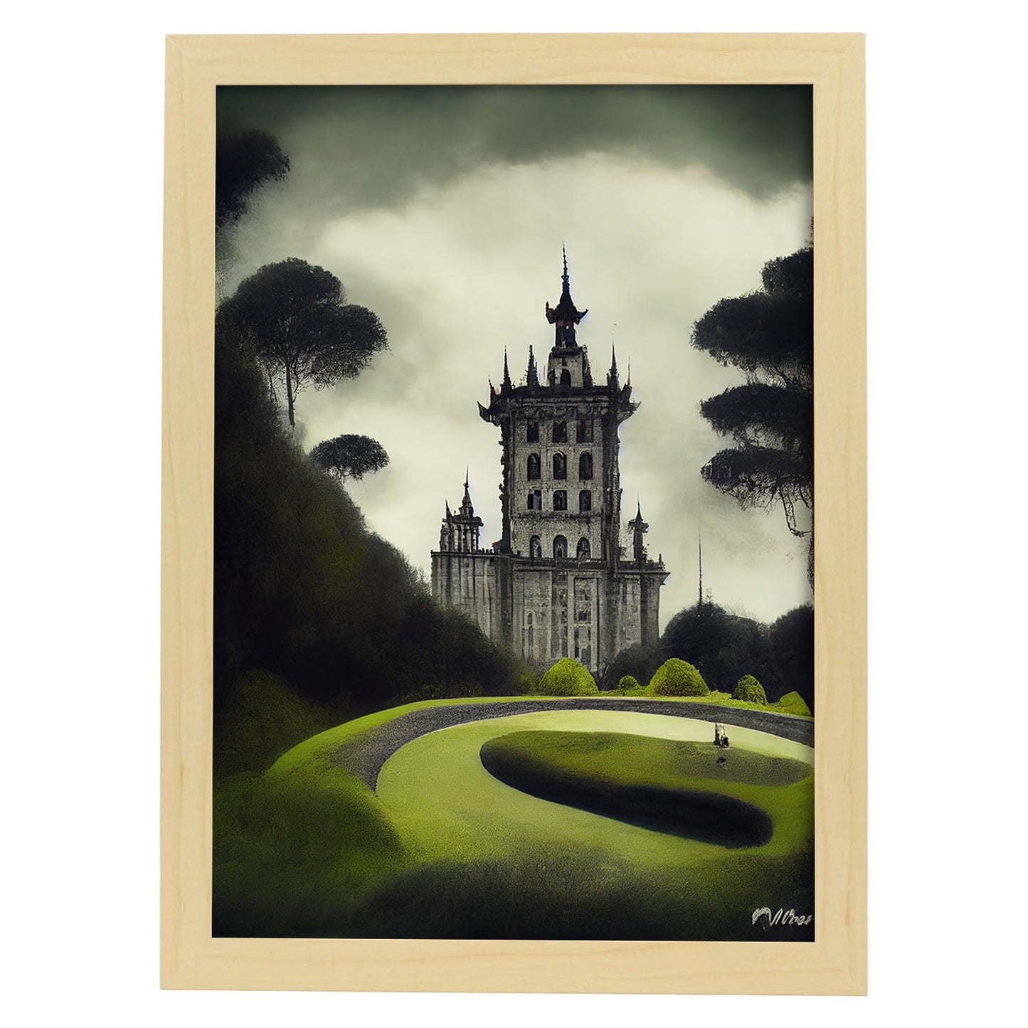 Nacnic Lámina Palacio de la Pena Decidido al estilo de T. Burton. Ilustraciones de monumentos, ciudades, paises inspiradas en arte gótico y oscuro. Diseño y Decoración de Interiores.-Artwork-Nacnic-A4-Marco Madera clara-Nacnic Estudio SL