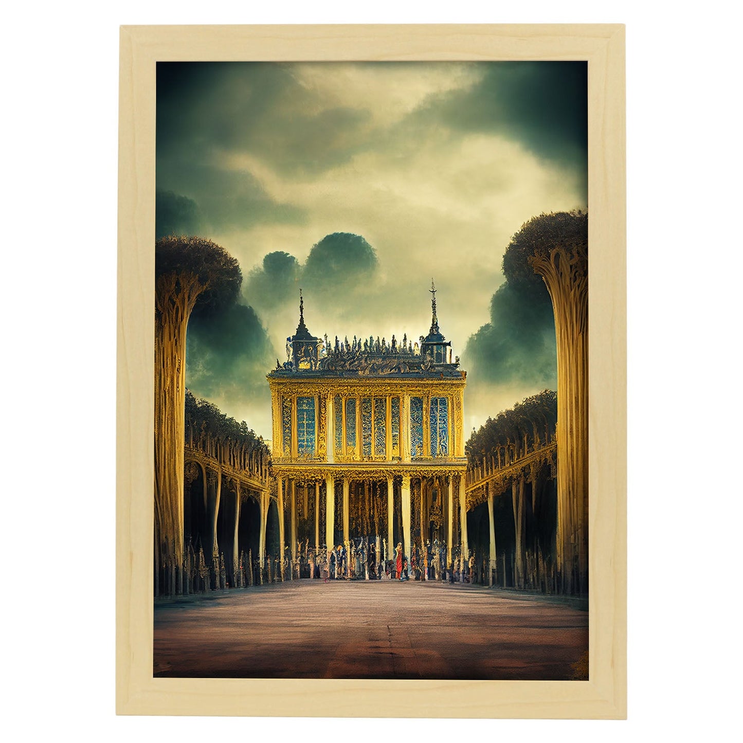 Nacnic Lámina Palacio de Versalles Dinámico al estilo de T. Burton. Ilustraciones de monumentos, ciudades, paises inspiradas en arte gótico y oscuro. Diseño y Decoración de Interiores.-Artwork-Nacnic-A4-Marco Madera clara-Nacnic Estudio SL