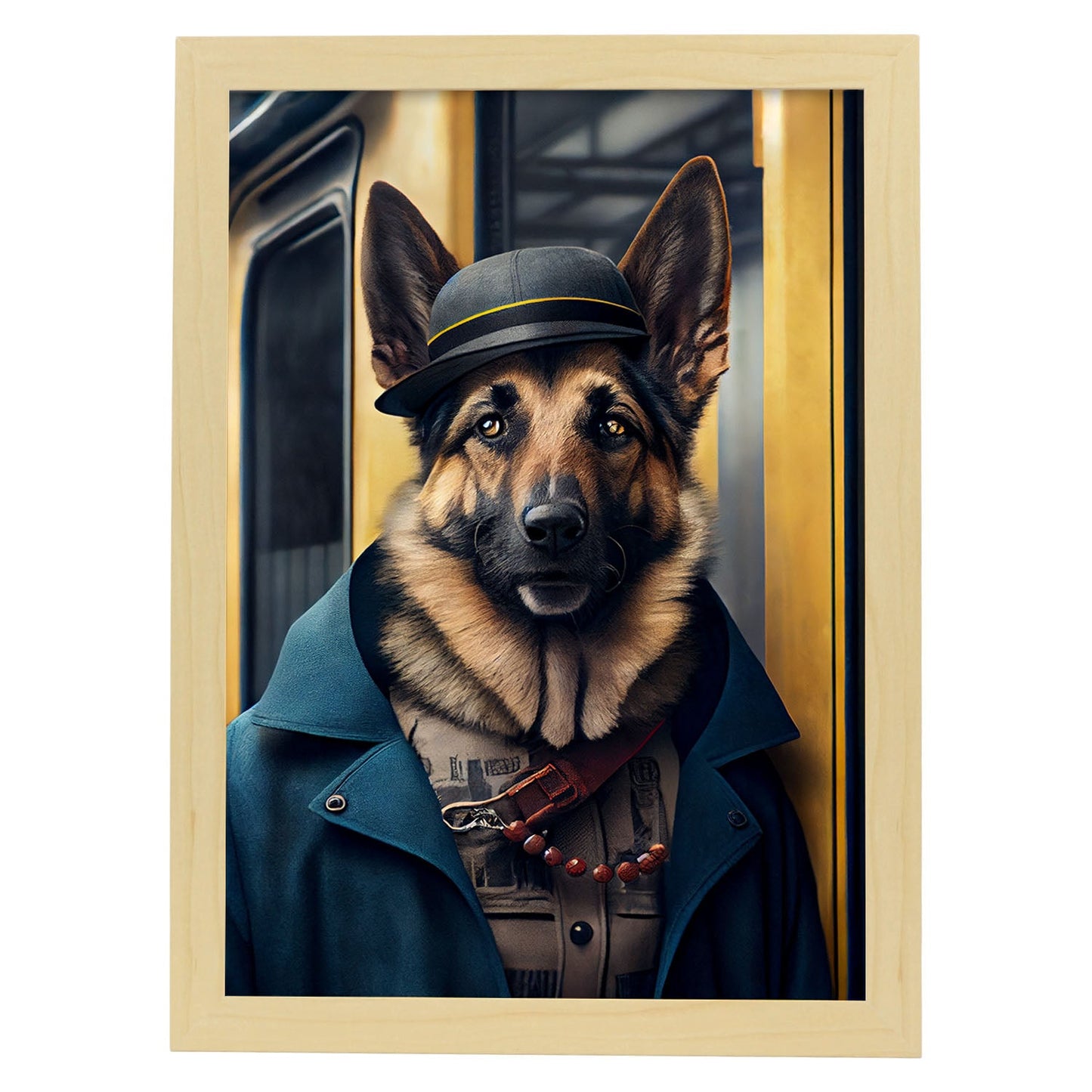 Nacnic Lámina Pastor alemán Cooperativo en estilo Fotografía a todo color. Divertidas ilustraciones realistas de animales con ropa humana. Diseño y Decoración de Interiores.-Artwork-Nacnic-A4-Marco Madera clara-Nacnic Estudio SL