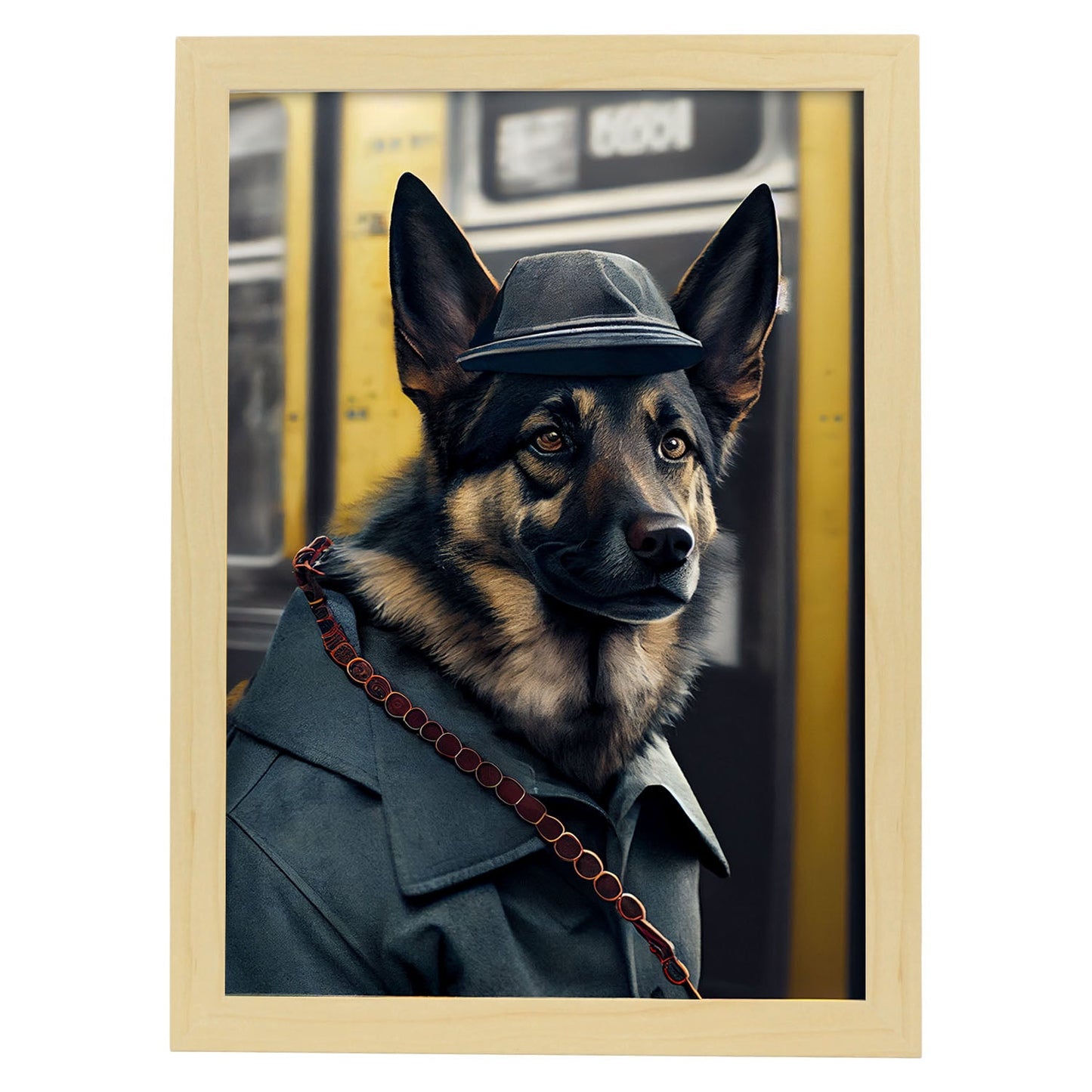 Nacnic Lámina Pastor alemán Decidido en estilo Fotografía a todo color. Divertidas ilustraciones realistas de animales con ropa humana. Diseño y Decoración de Interiores.-Artwork-Nacnic-A4-Marco Madera clara-Nacnic Estudio SL