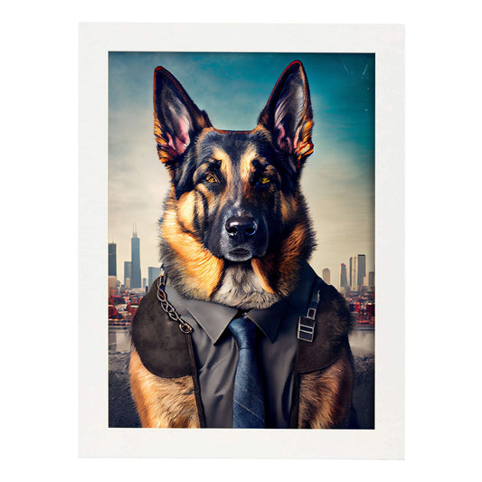 Nacnic Lámina Pastor alemán Encantador en estilo Fotografía a todo color. Divertidas ilustraciones realistas de animales con ropa humana. Diseño y Decoración de Interiores.-Artwork-Nacnic-A4-Marco Blanco-Nacnic Estudio SL