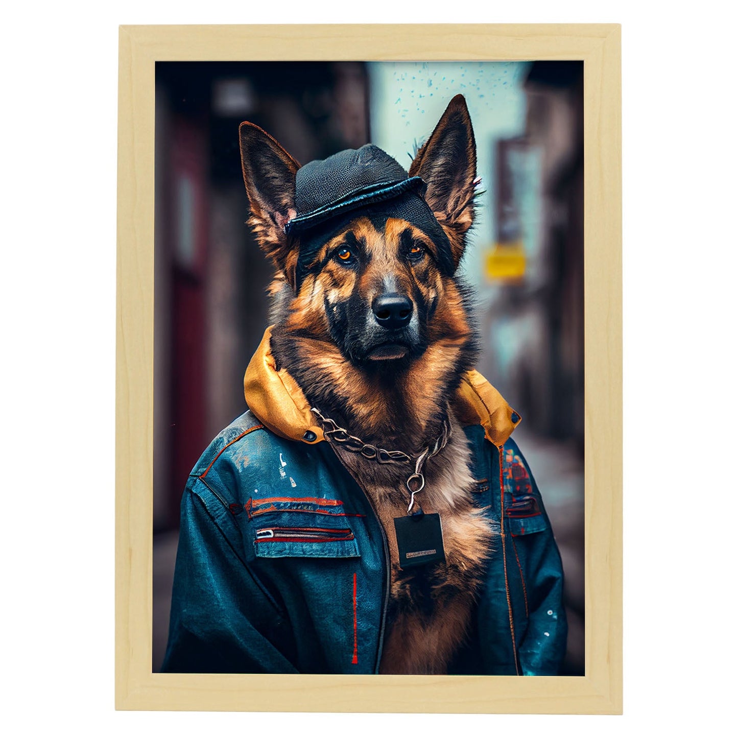 Nacnic Lámina Pastor alemán Generoso en estilo Fotografía a todo color. Divertidas ilustraciones realistas de animales con ropa humana. Diseño y Decoración de Interiores.-Artwork-Nacnic-A4-Marco Madera clara-Nacnic Estudio SL