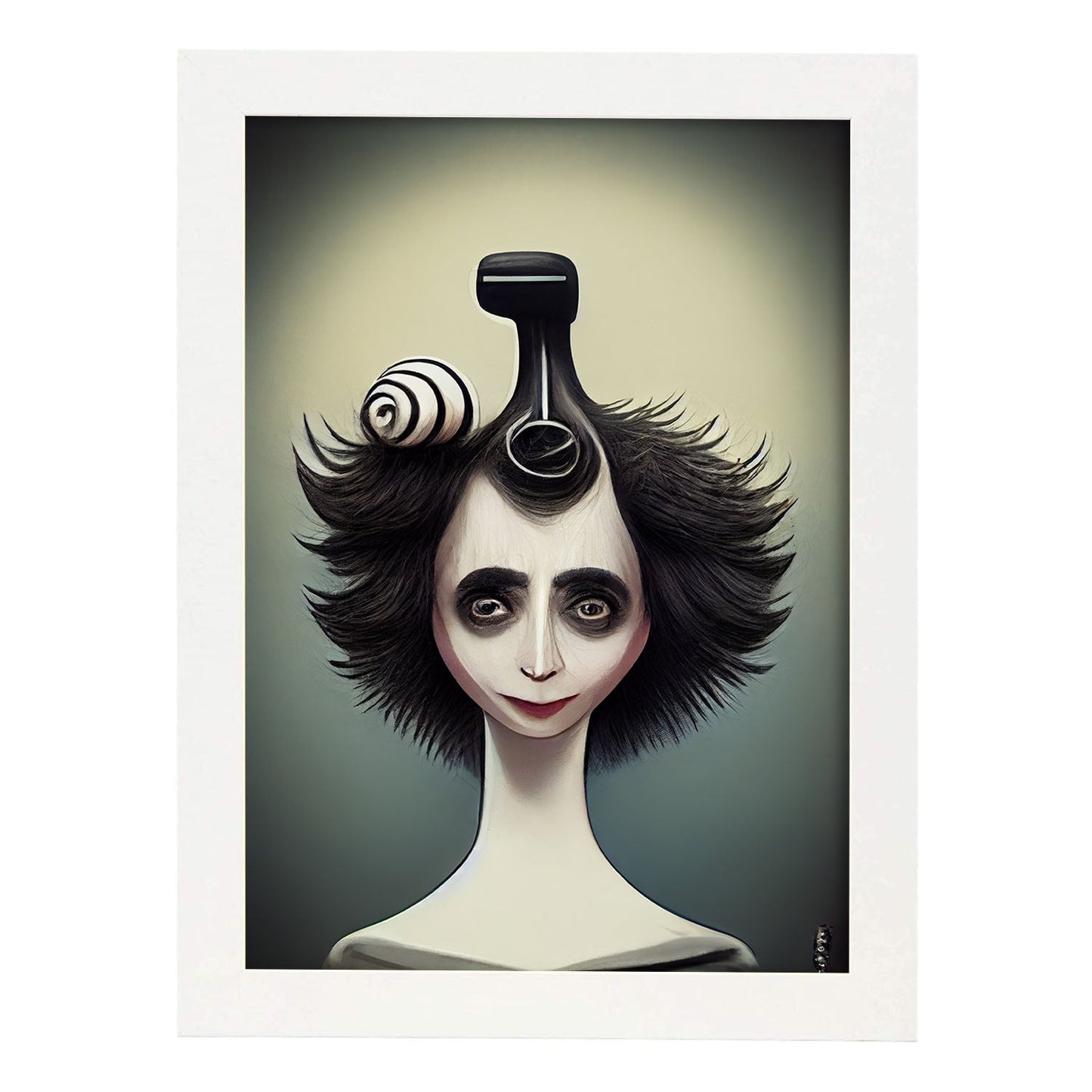 Nacnic Lámina Peluquero Responsable al estilo de T. Burton. Ilustraciones de profesiones y oficios inspiradas en arte gótico y oscuro. Diseño y Decoración de Interiores.-Artwork-Nacnic-A3-Marco Blanco-Nacnic Estudio SL