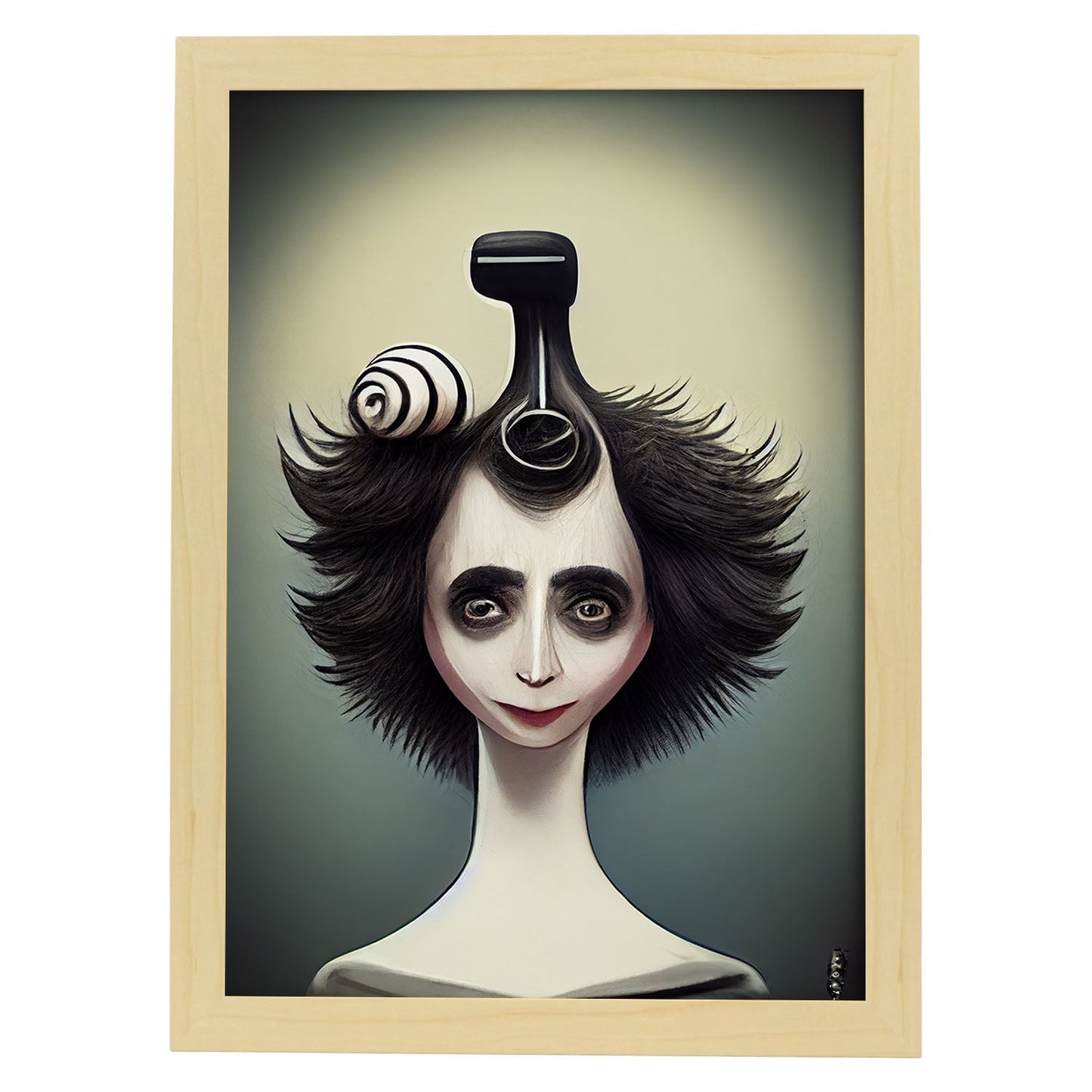 Nacnic Lámina Peluquero Responsable al estilo de T. Burton. Ilustraciones de profesiones y oficios inspiradas en arte gótico y oscuro. Diseño y Decoración de Interiores.-Artwork-Nacnic-A3-Marco Madera clara-Nacnic Estudio SL