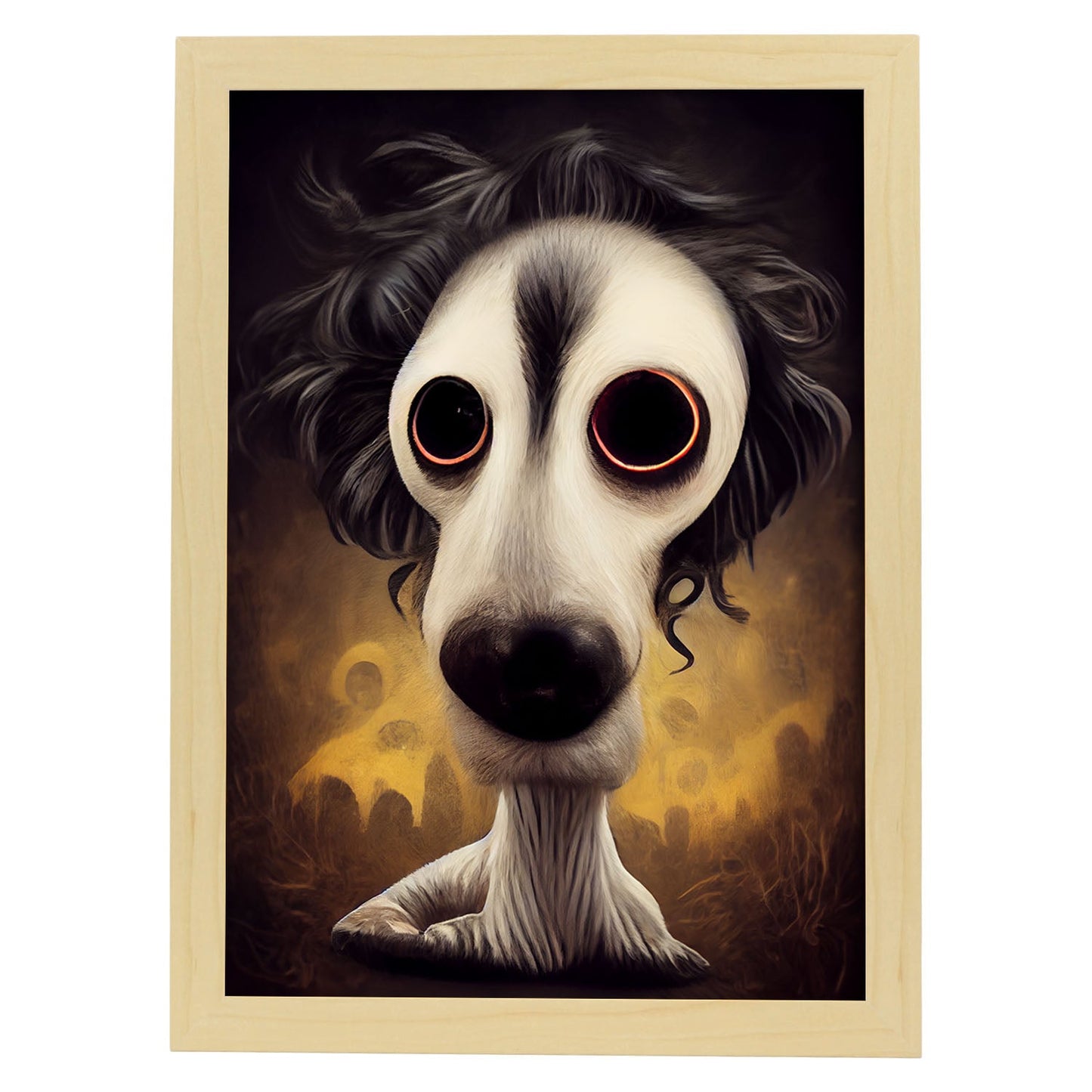 Nacnic Lámina Perro Amable estilo T. Burton. Ilustraciones y pósters de animales inspirados en el arte gótico y oscuro de Burton. Diseño y Decoración de Interiores.-Artwork-Nacnic-A4-Marco Madera clara-Nacnic Estudio SL