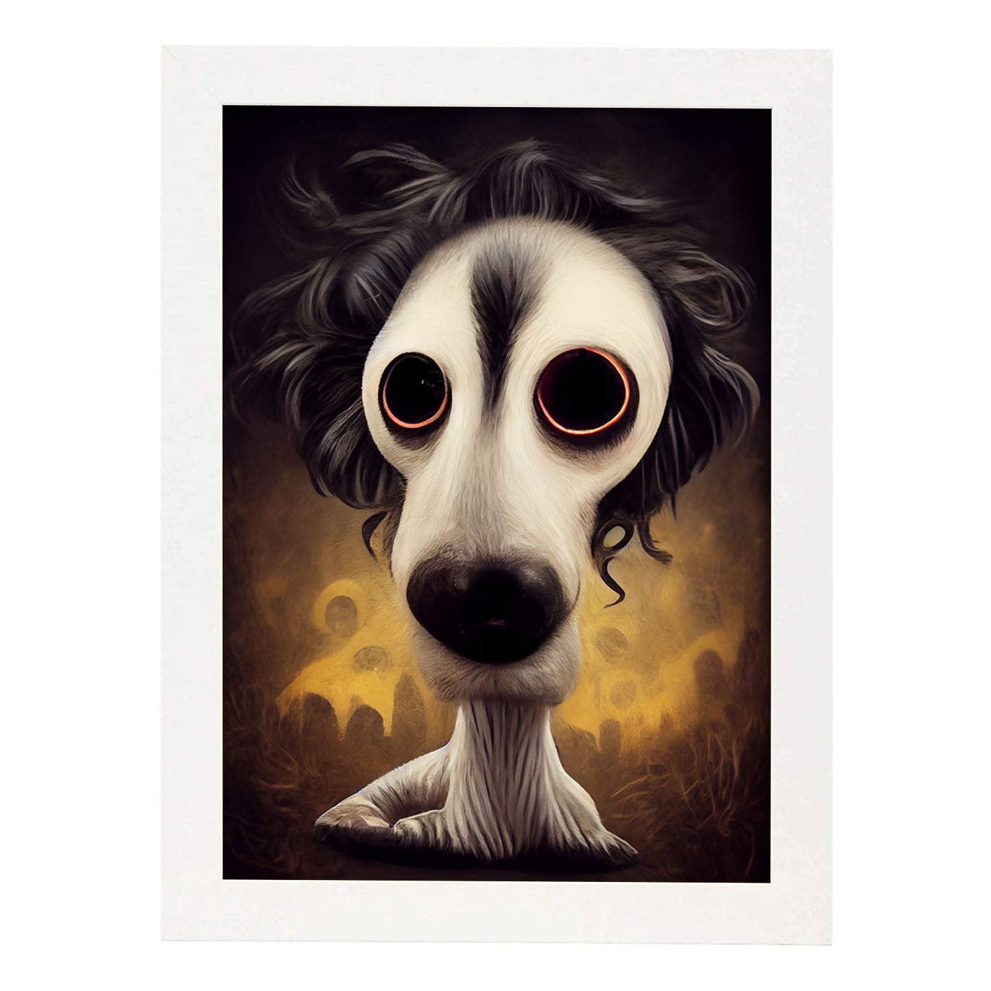 Nacnic Lámina Perro Amable estilo T. Burton. Ilustraciones y pósters de animales inspirados en el arte gótico y oscuro de Burton. Diseño y Decoración de Interiores.-Artwork-Nacnic-A4-Marco Blanco-Nacnic Estudio SL