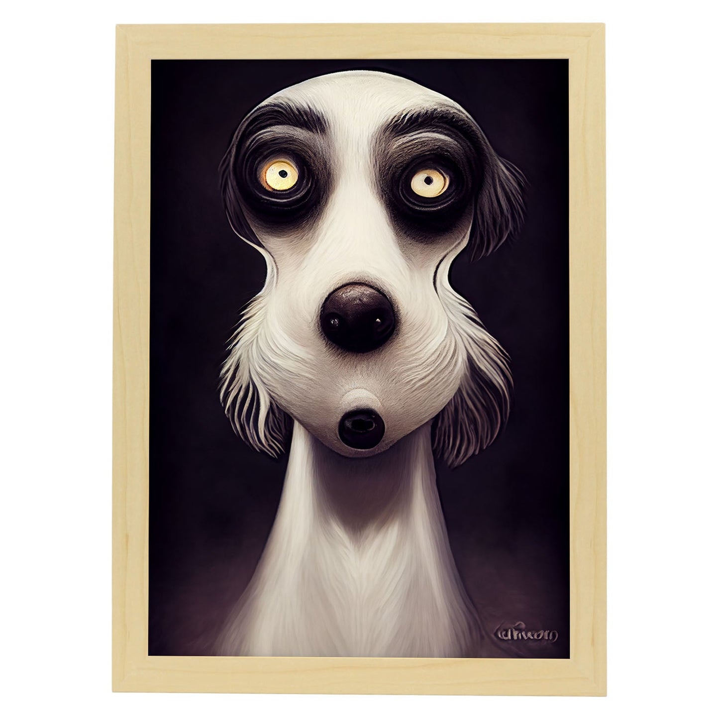 Nacnic Lámina Perro Dependiente estilo T. Burton. Ilustraciones y pósters de animales inspirados en el arte gótico y oscuro de Burton. Diseño y Decoración de Interiores.-Artwork-Nacnic-A4-Marco Madera clara-Nacnic Estudio SL