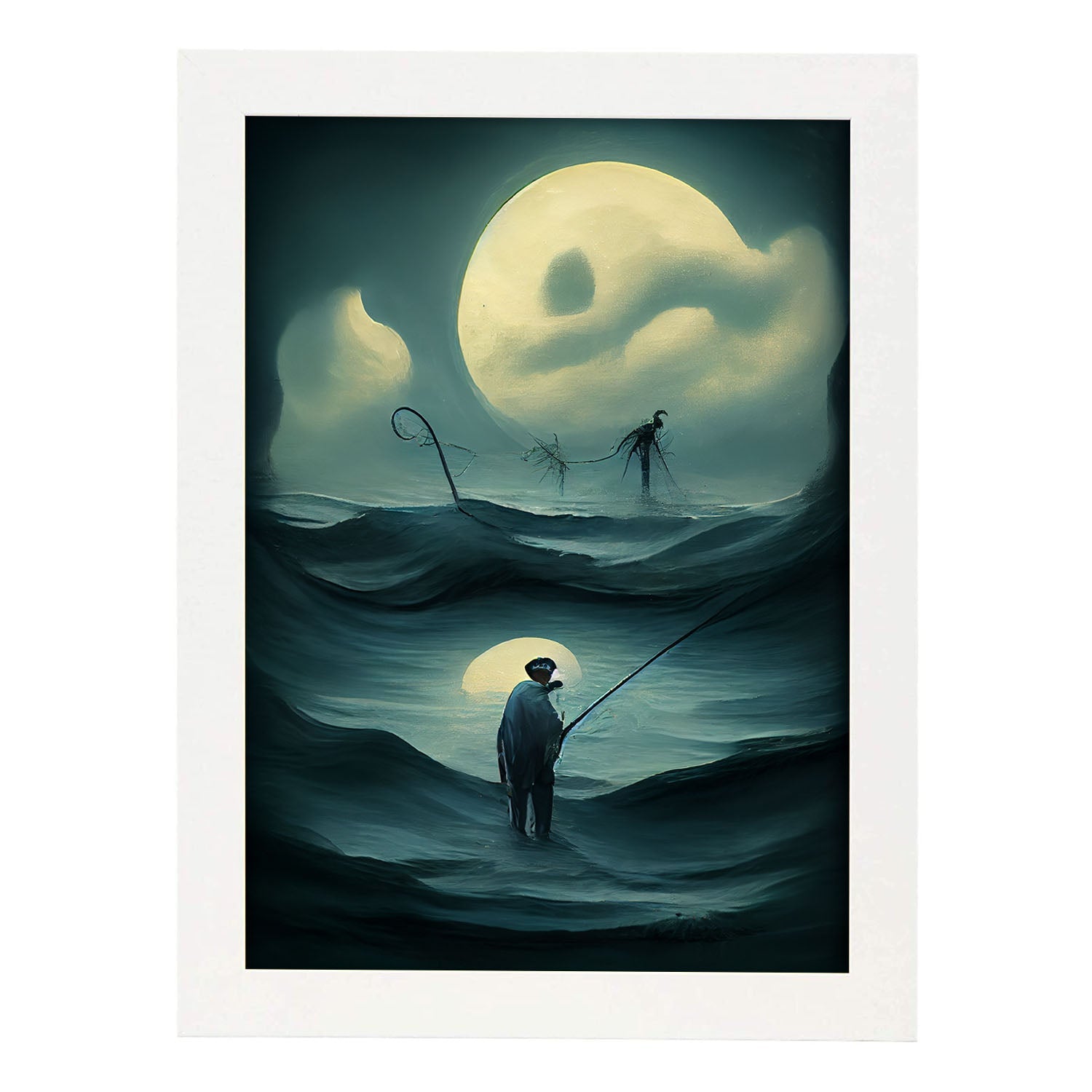 Nacnic Lámina Pescador Decidido al estilo de T. Burton. Ilustraciones de profesiones y oficios inspiradas en arte gótico y oscuro. Diseño y Decoración de Interiores.-Artwork-Nacnic-A4-Marco Blanco-Nacnic Estudio SL