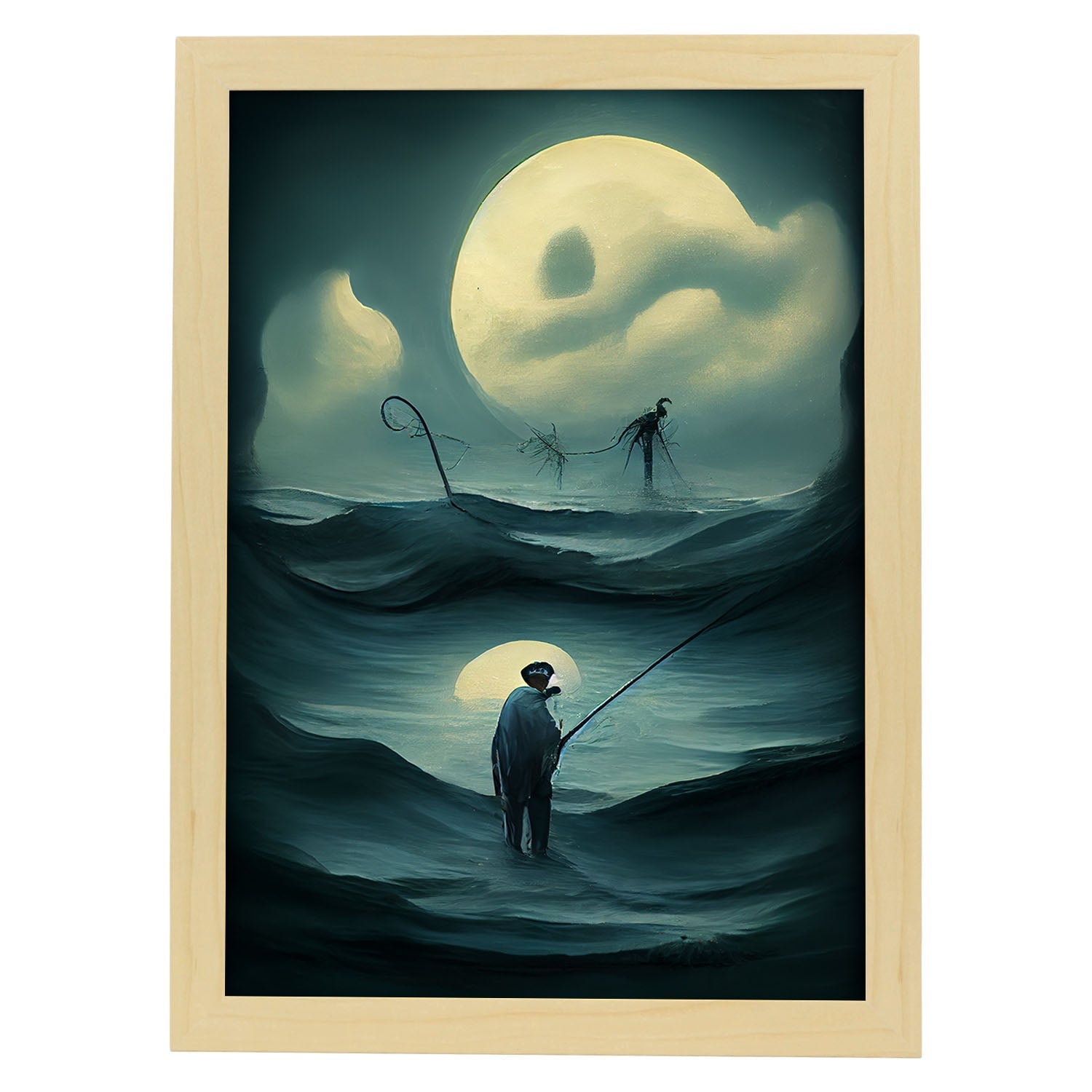 Nacnic Lámina Pescador Decidido al estilo de T. Burton. Ilustraciones de profesiones y oficios inspiradas en arte gótico y oscuro. Diseño y Decoración de Interiores.-Artwork-Nacnic-A4-Marco Madera clara-Nacnic Estudio SL