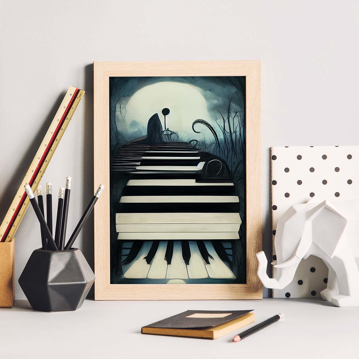 Nacnic Lámina Piano Amistoso al estilo de T. Burton. Ilustraciones de escenas y lugares inspiradas en arte gótico y oscuro. Diseño y Decoración de Interiores.-Artwork-Nacnic-Nacnic Estudio SL