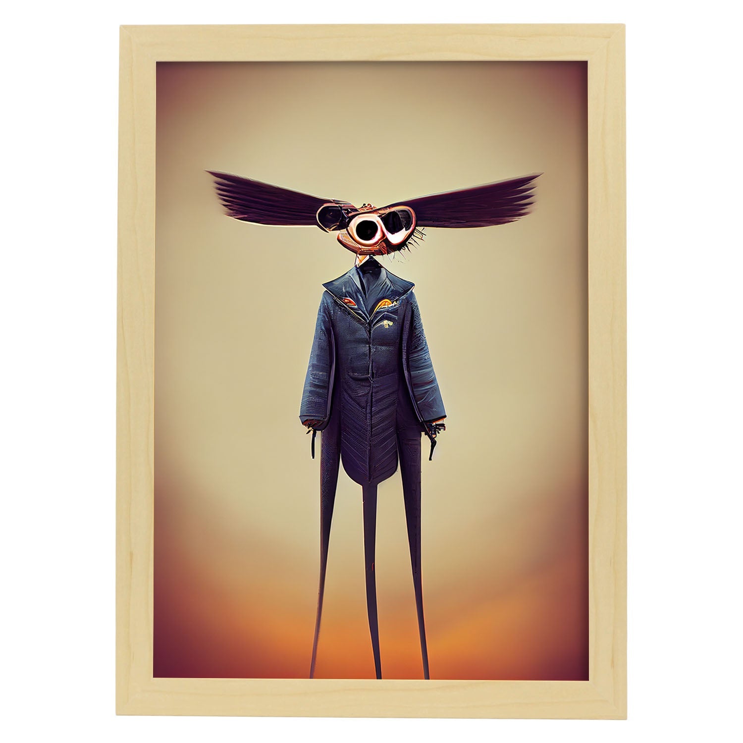 Nacnic Lámina Piloto Cariñoso al estilo de T. Burton. Ilustraciones de profesiones y oficios inspiradas en arte gótico y oscuro. Diseño y Decoración de Interiores.-Artwork-Nacnic-A4-Marco Madera clara-Nacnic Estudio SL