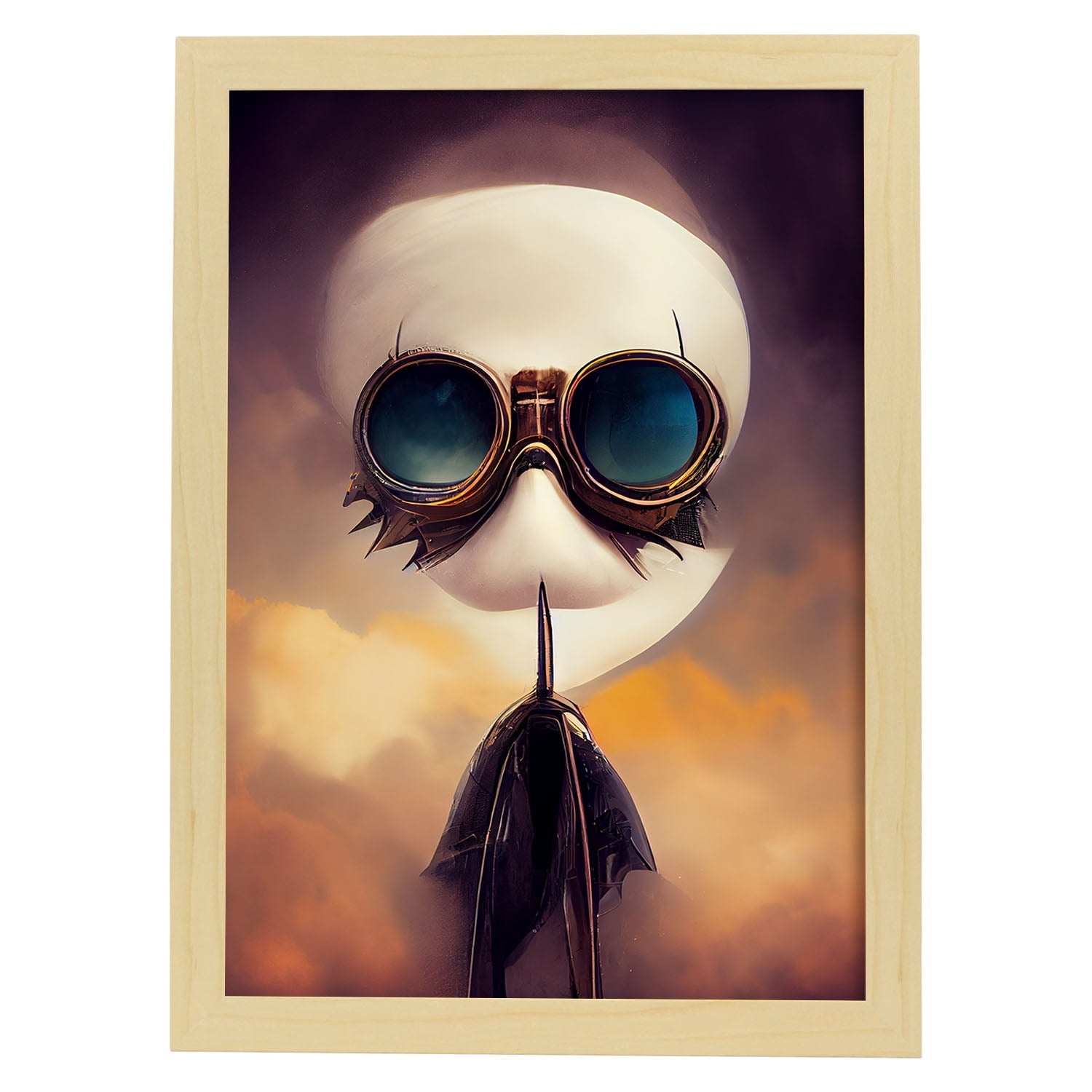 Nacnic Lámina Piloto Intelectual al estilo de T. Burton. Ilustraciones de profesiones y oficios inspiradas en arte gótico y oscuro. Diseño y Decoración de Interiores.-Artwork-Nacnic-A3-Marco Madera clara-Nacnic Estudio SL