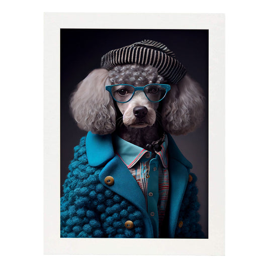 Nacnic Lámina Poodle con gafas Amistoso en estilo Fotografía a todo color. Divertidas ilustraciones realistas de animales con ropa humana. Diseño y Decoración de Interiores.-Artwork-Nacnic-A4-Marco Blanco-Nacnic Estudio SL
